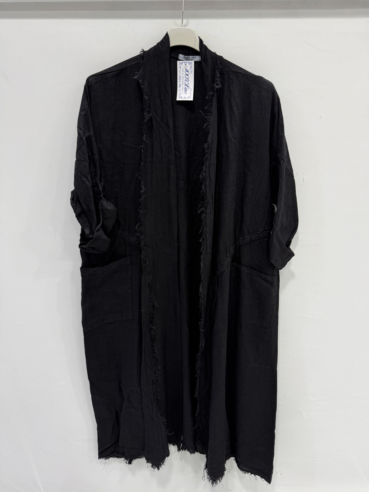 Black Kadın İtalyan Pis Kesim Katlanır Kollu Cepli Oversize Uzun Keten Kaftan 40 - 48 Beden
