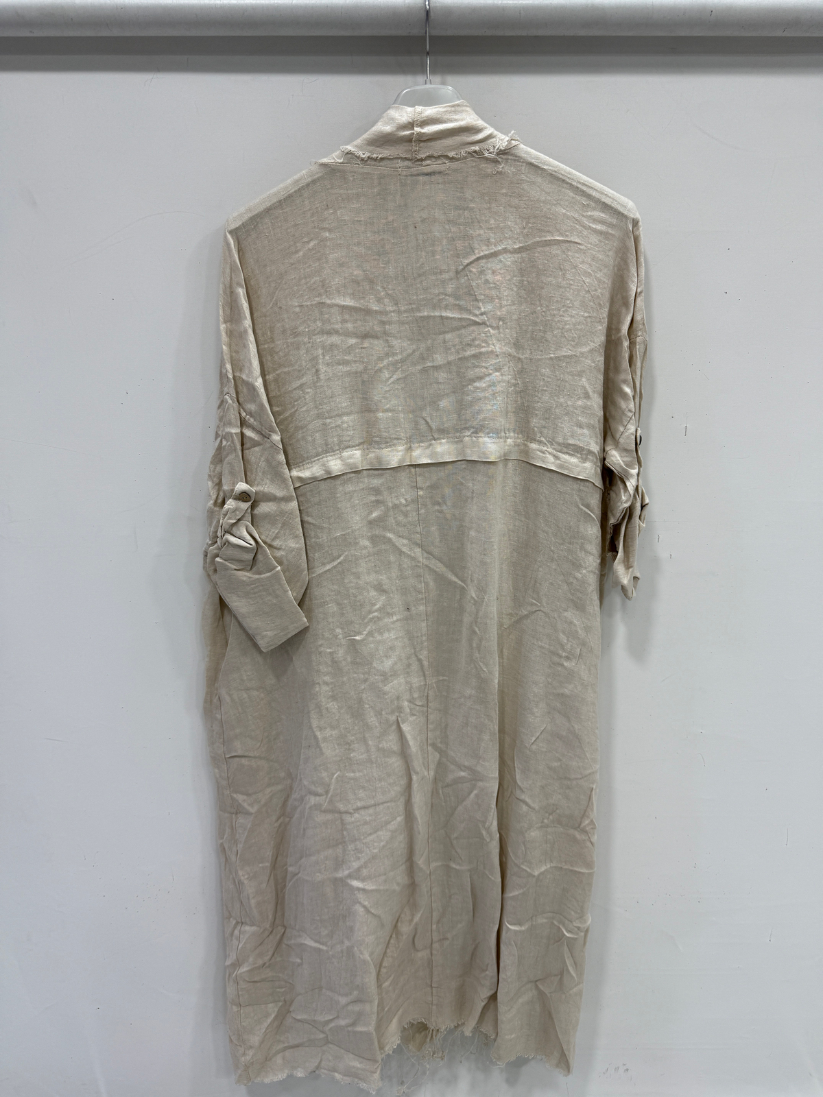 Beige Kadın İtalyan Pis Kesim Katlanır Kollu Cepli Oversize Uzun Keten Kaftan 40 - 48 Beden