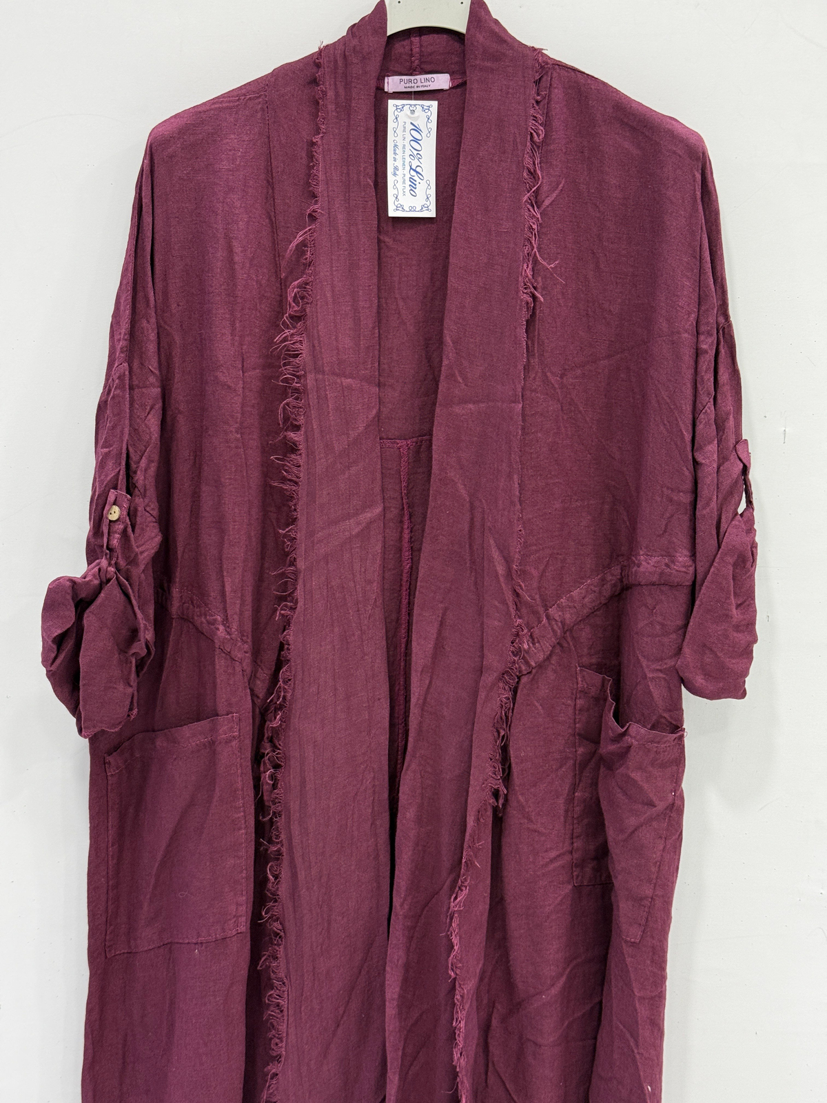 İndian Red Kadın İtalyan Pis Kesim Katlanır Kollu Cepli Oversize Uzun Keten Kaftan 40 - 48 Beden