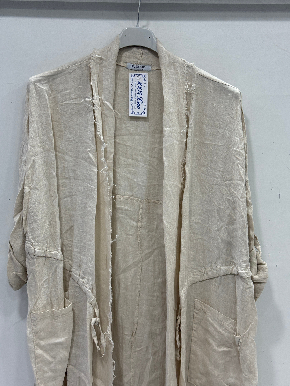 Beige Kadın İtalyan Pis Kesim Katlanır Kollu Cepli Oversize Uzun Keten Kaftan 40 - 48 Beden