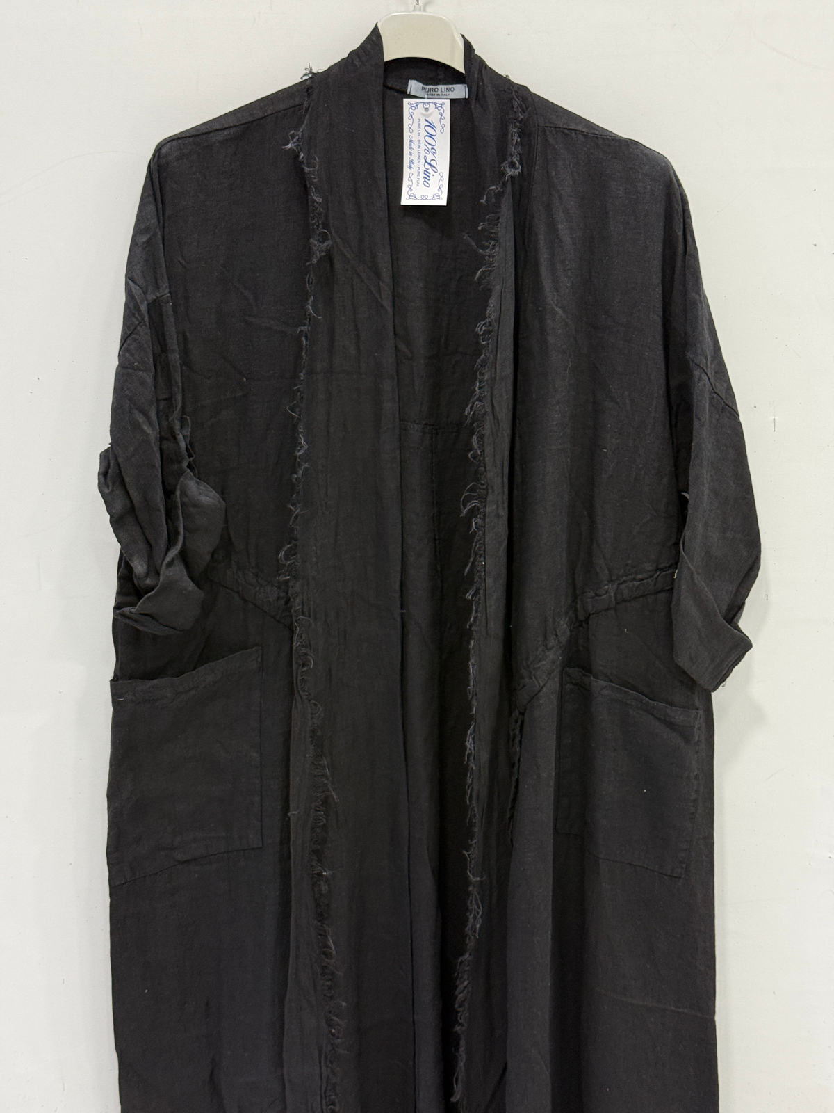 Black Kadın İtalyan Pis Kesim Katlanır Kollu Cepli Oversize Uzun Keten Kaftan 40 - 48 Beden