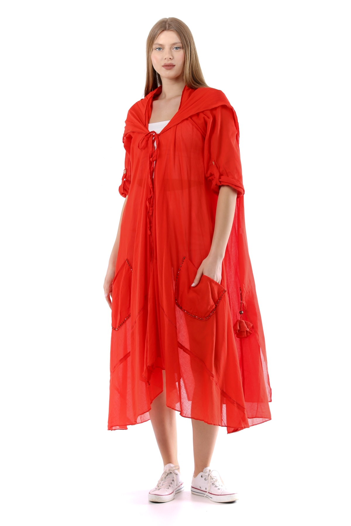 Nar Çiçeği Kadın Cadı Kapüşonlu Bohem Kaftan