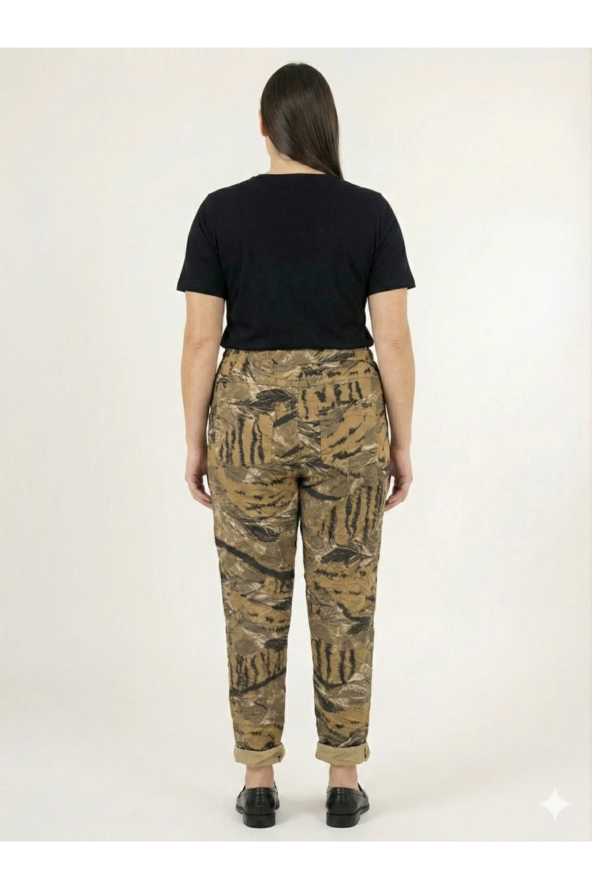 Camel İtalyan Kuş Tüyü Desenli Likralı Beli Lastikli Dar Paça Pantolon 40 - 48 Beden