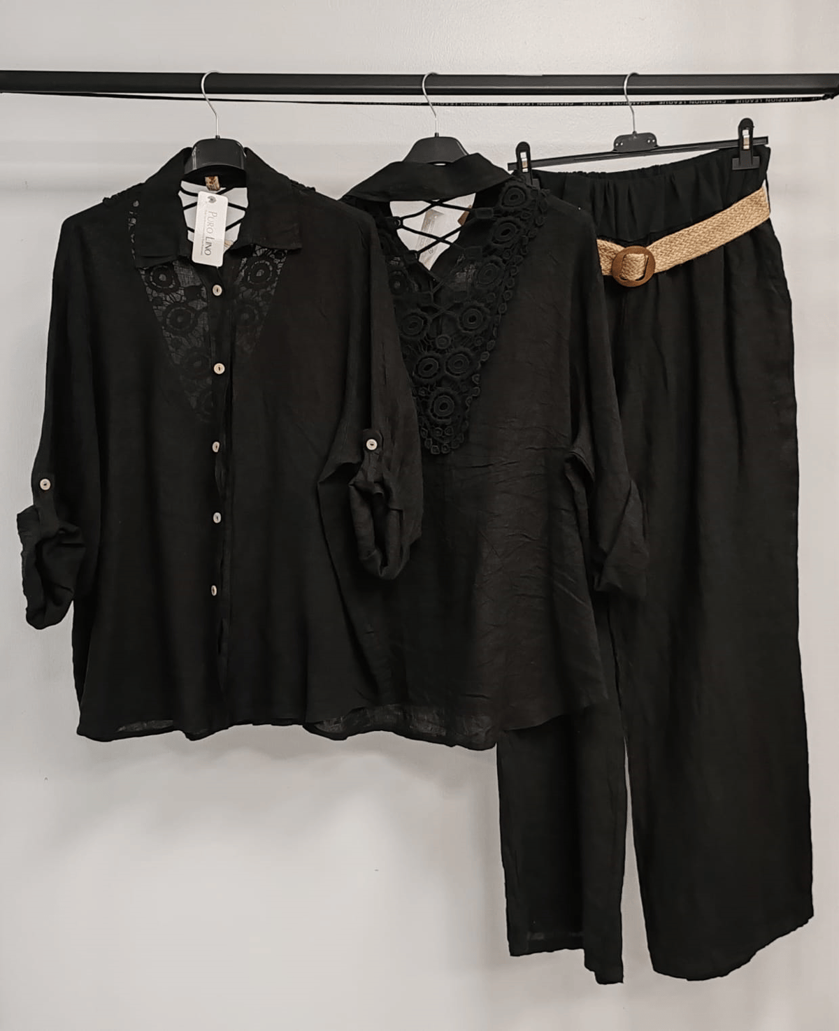 Black Kadın İtalyan Sırtı Dantelli Keten Takım Pantolon ve Gömlekli