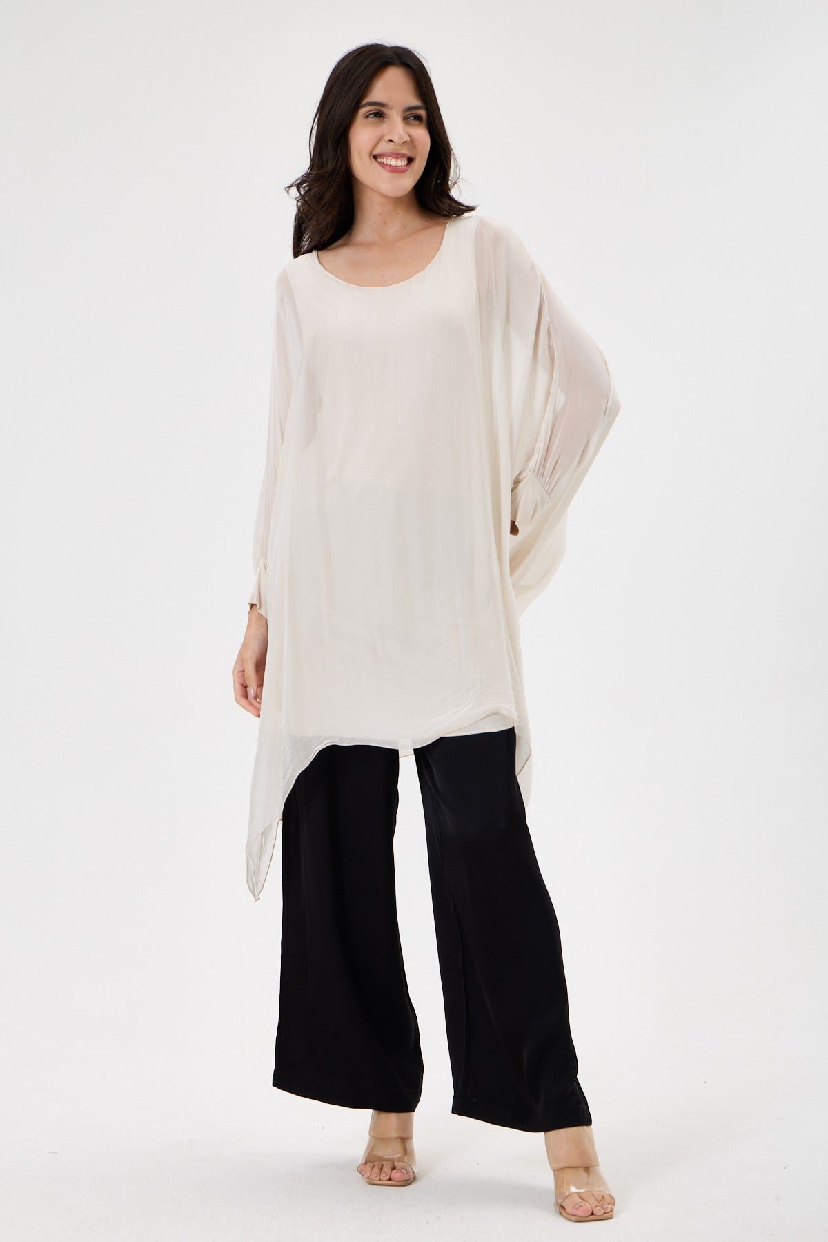 Beige İtalyan Yarasa Kol Astarlı Uzun İpek Tunik Bluz 40 - 46 Beden