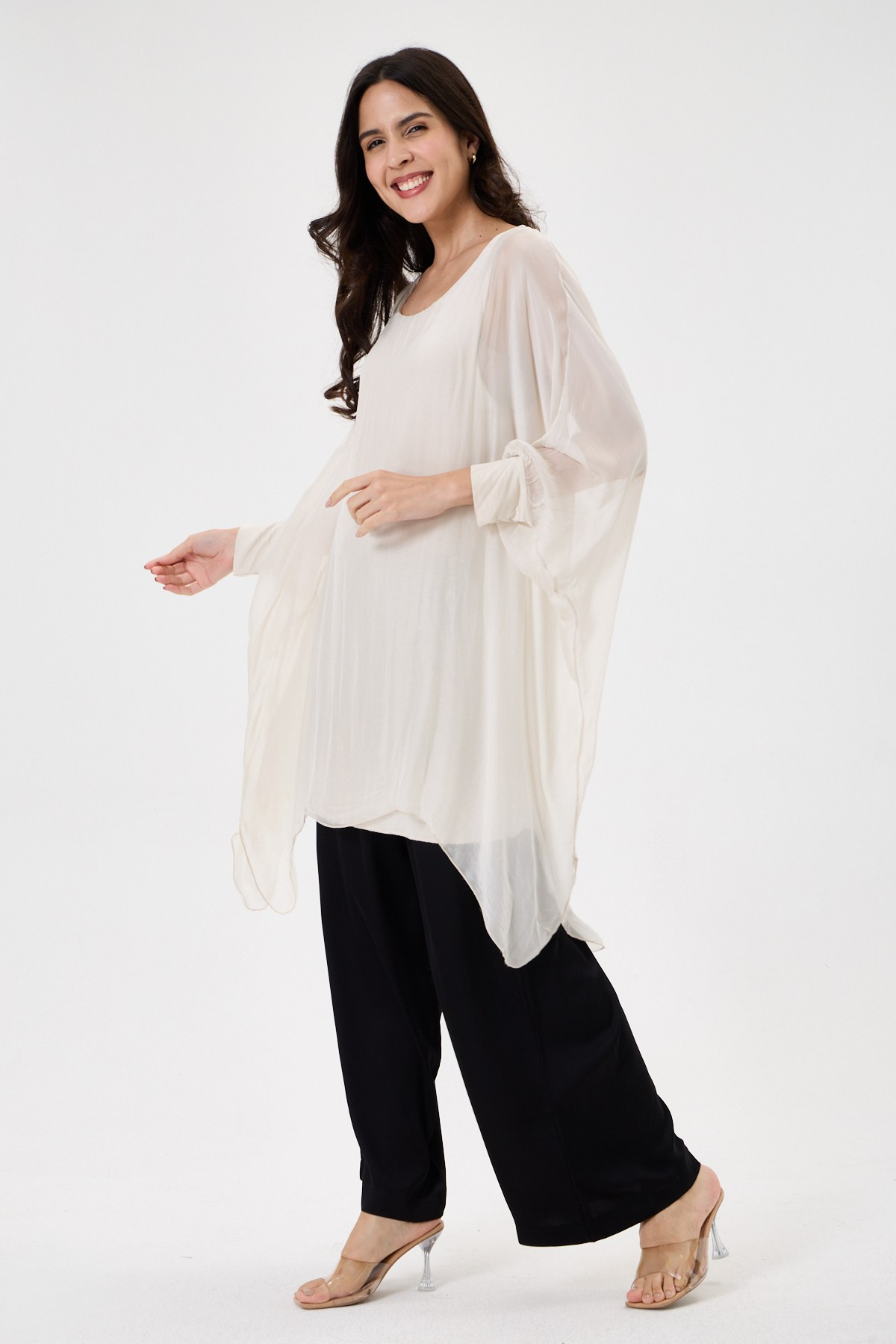 Beige İtalyan Yarasa Kol Astarlı Uzun İpek Tunik Bluz 40 - 46 Beden