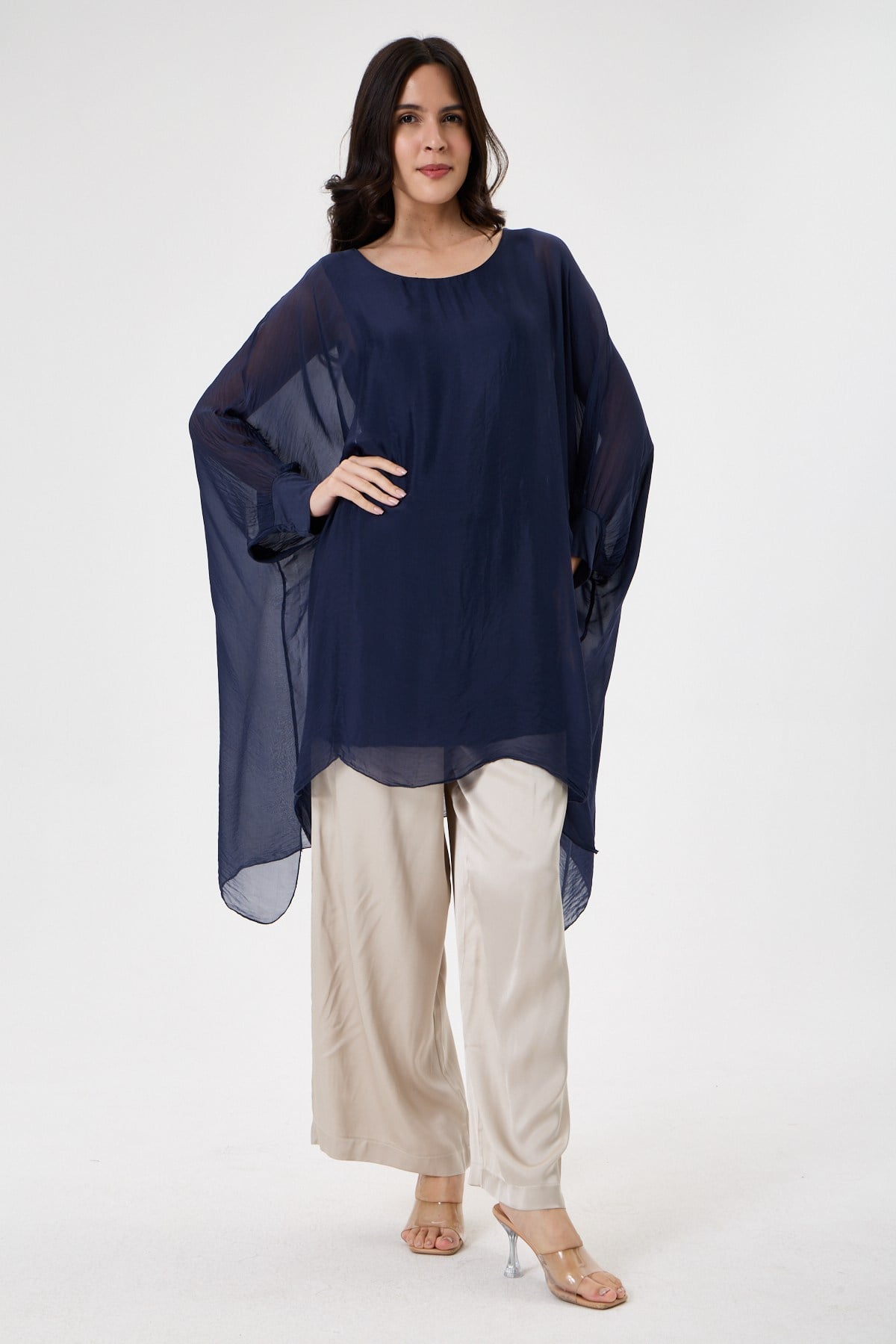 NAVY İtalyan Yarasa Kol Astarlı Uzun İpek Tunik Bluz 40 - 46 Beden