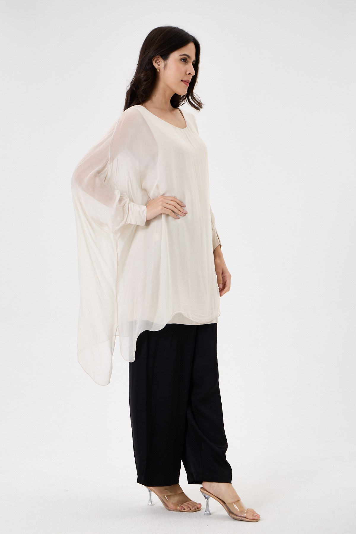 Beige İtalyan Yarasa Kol Astarlı Uzun İpek Tunik Bluz 40 - 46 Beden