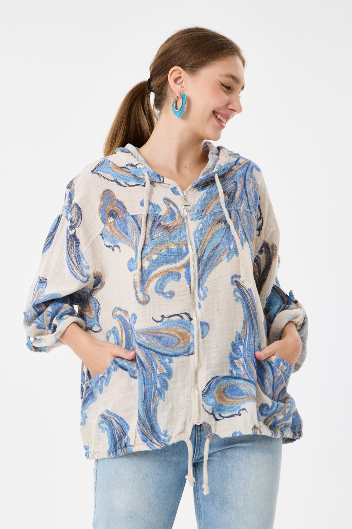 Beige İtalyan Etnik Şal Desen Fermuarlı Bluz 2605XA14 - 1139601