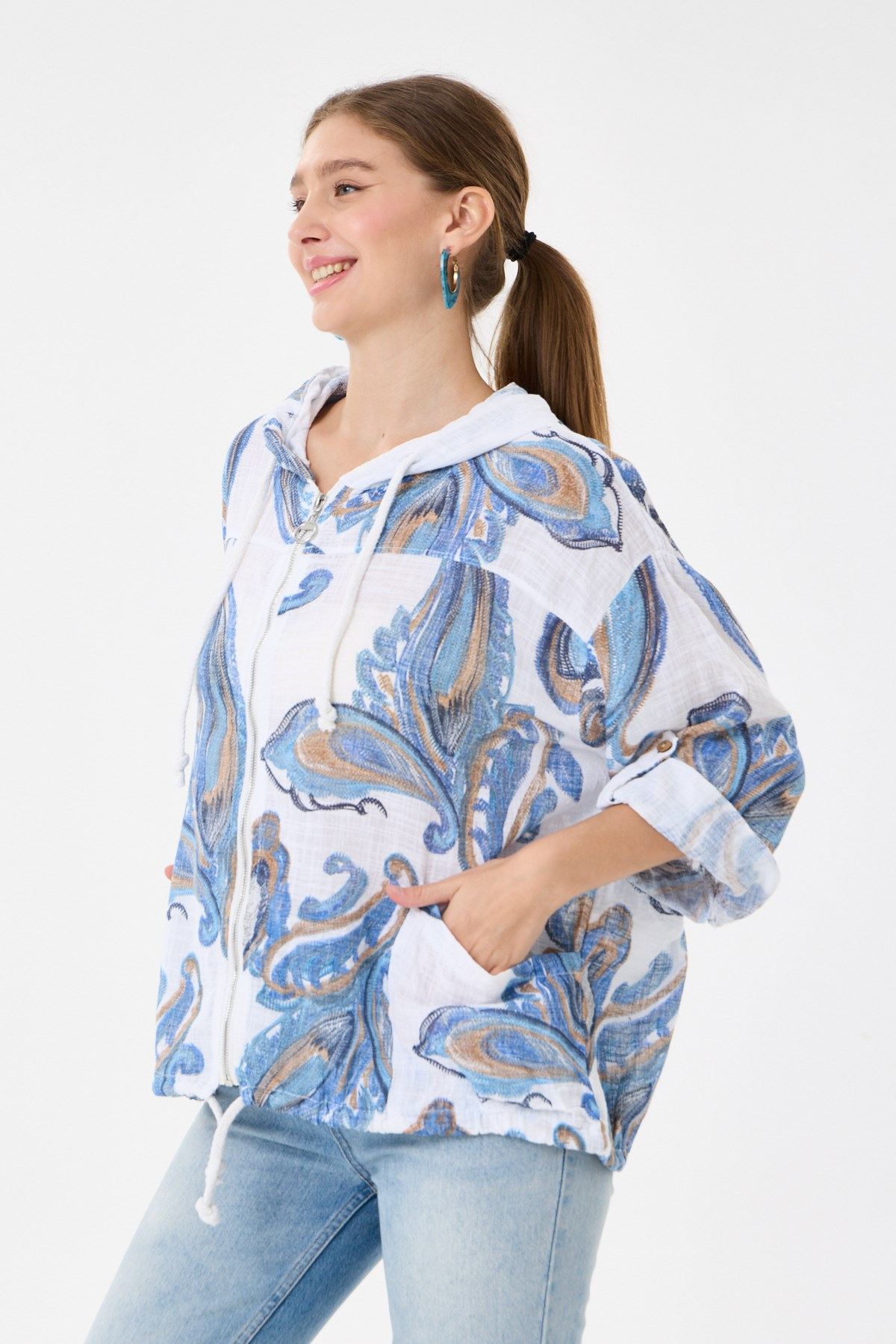 White İtalyan Etnik Şal Desen Fermuarlı Bluz 2605XA14 - 1139601
