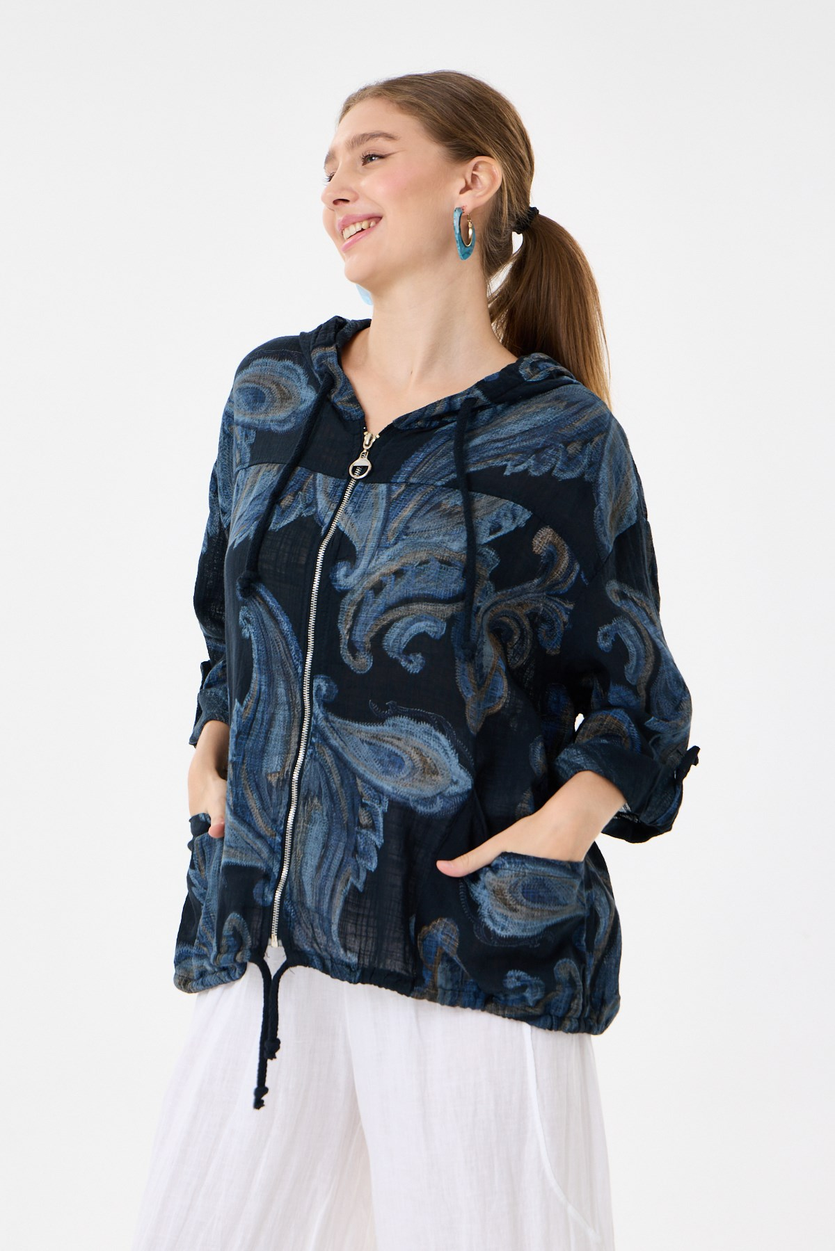 Black İtalyan Etnik Şal Desen Fermuarlı Bluz 2605XA14 - 1139601
