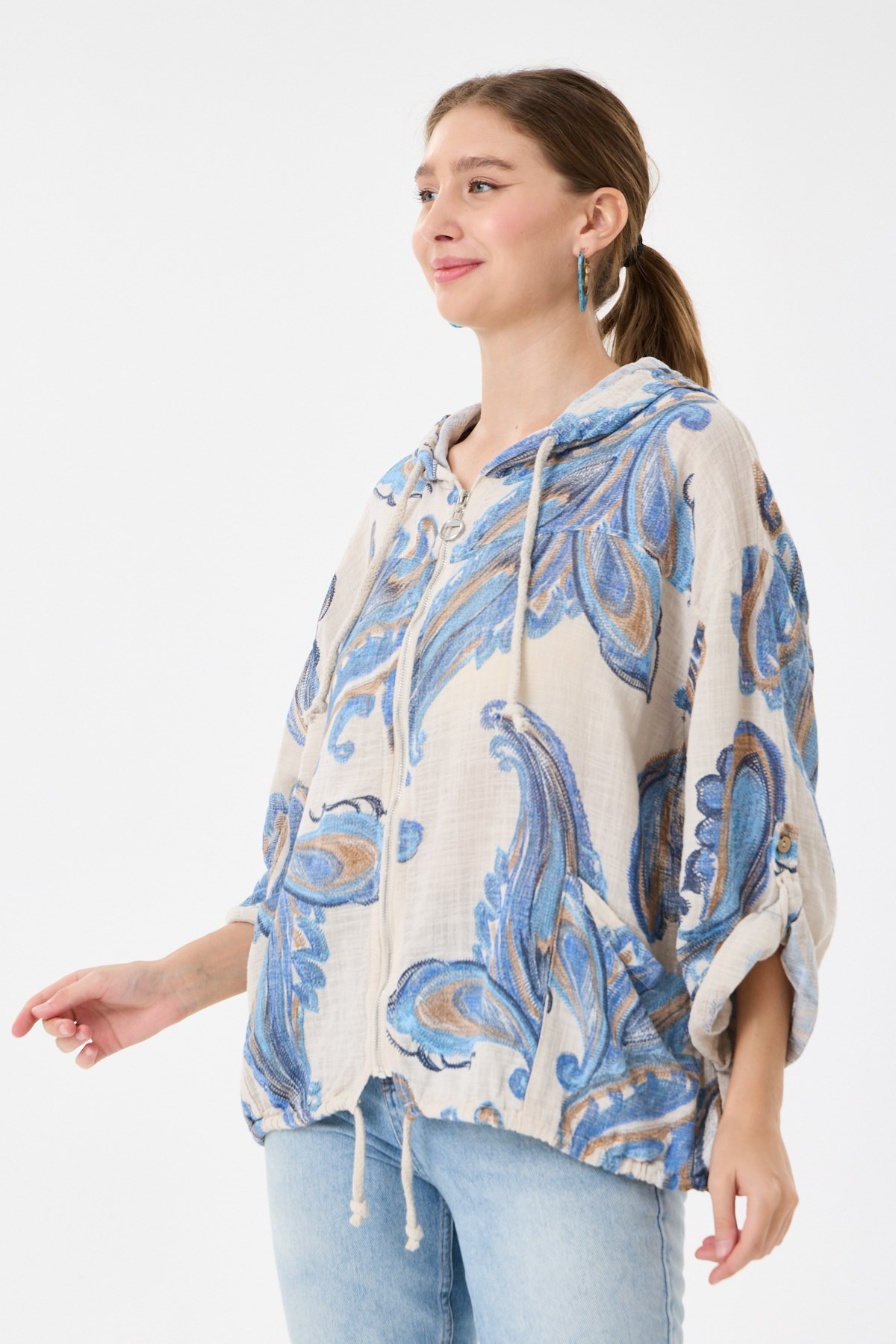 Beige İtalyan Etnik Şal Desen Fermuarlı Bluz 2605XA14 - 1139601