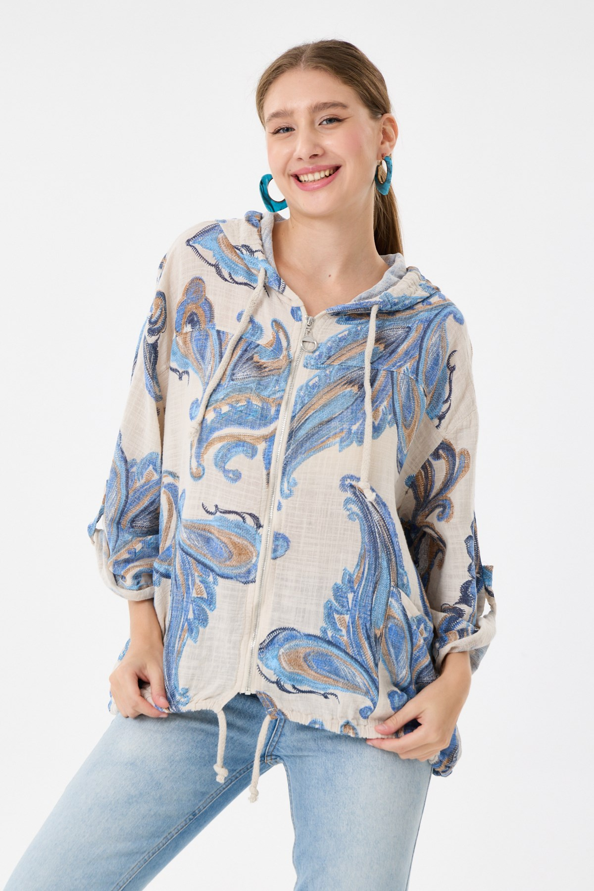 Beige İtalyan Etnik Şal Desen Fermuarlı Bluz 2605XA14 - 1139601