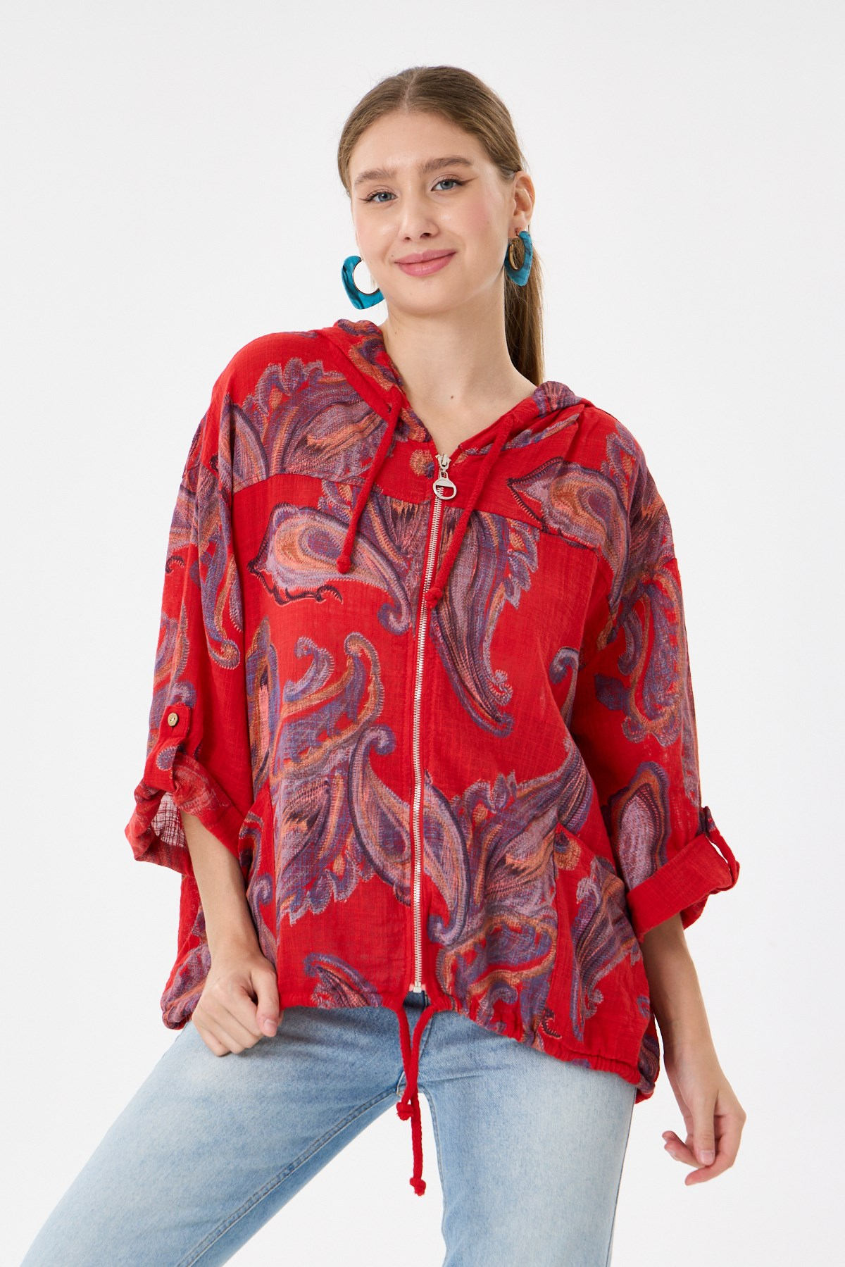 Red İtalyan Etnik Şal Desen Fermuarlı Bluz 2605XA14 - 1139601