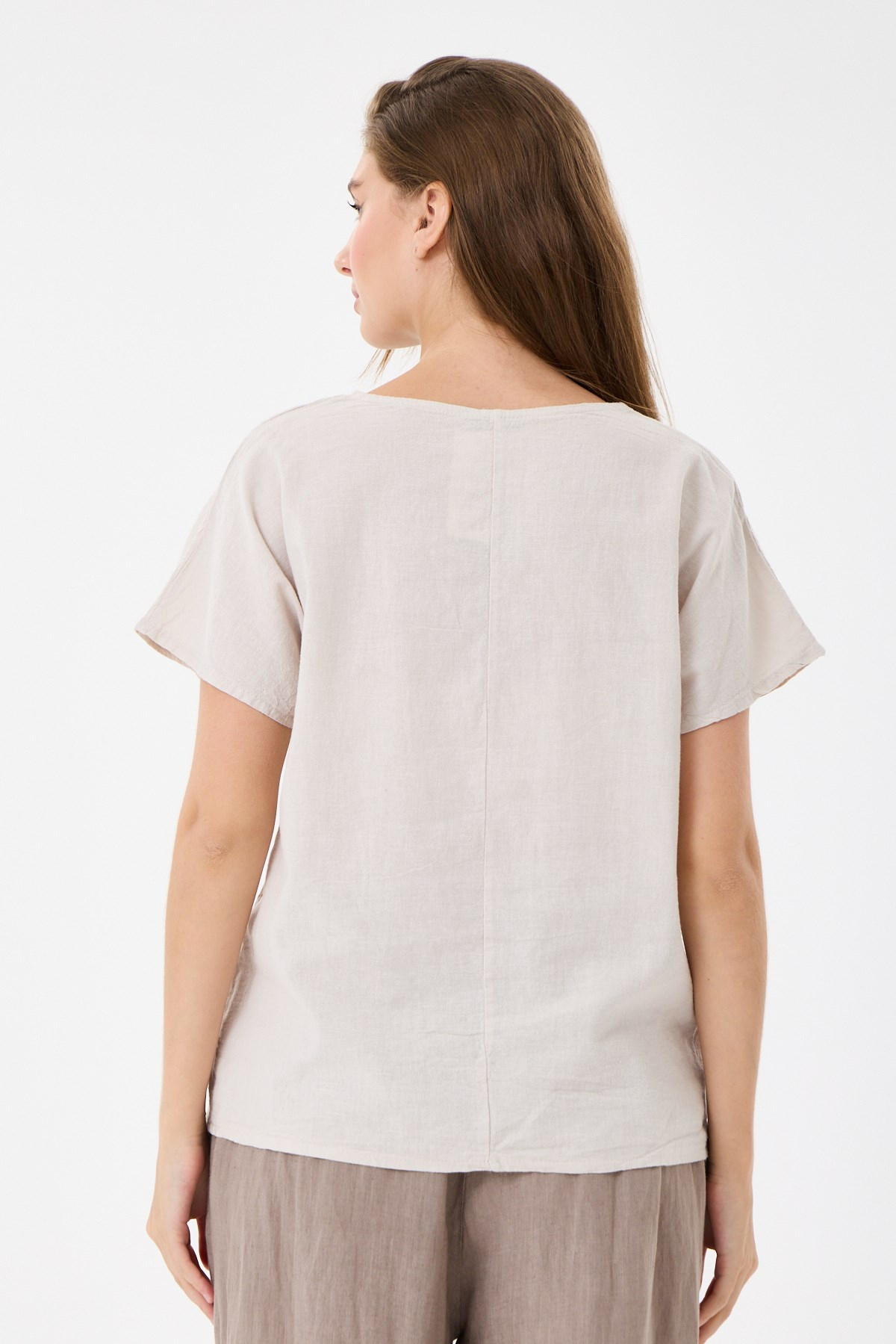 İtalyan %60 Keten Düğme Aksesuarlı Oversize Bluz 38 - 42 Beden