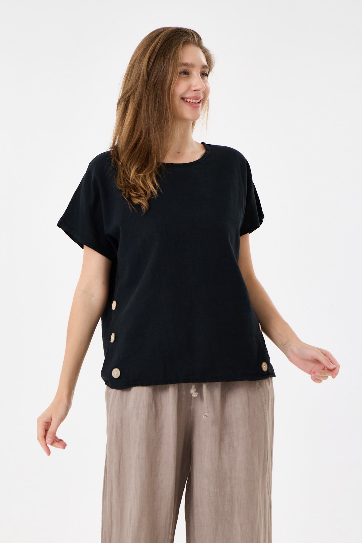 İtalyan %60 Keten Düğme Aksesuarlı Oversize Bluz 38 - 42 Beden