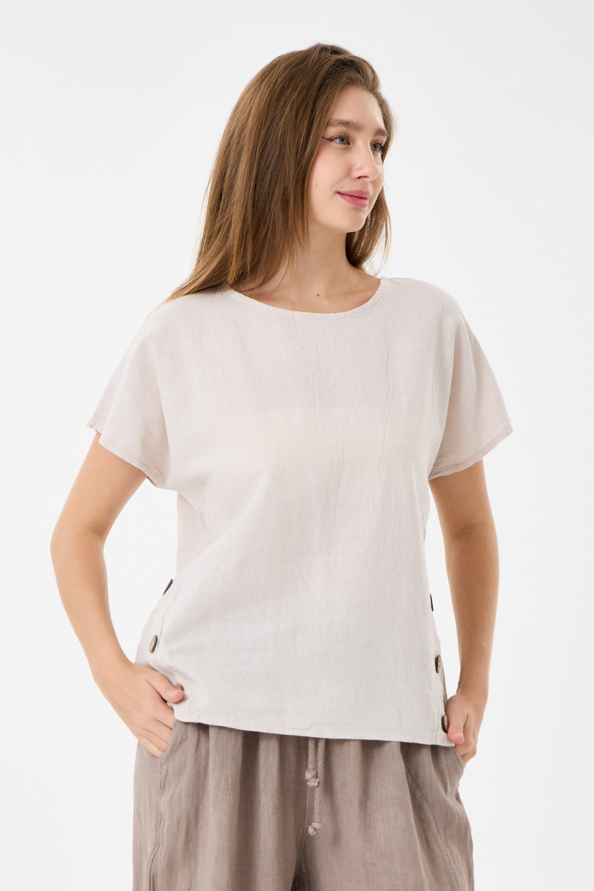 İtalyan %60 Keten Düğme Aksesuarlı Oversize Bluz 38 - 42 Beden