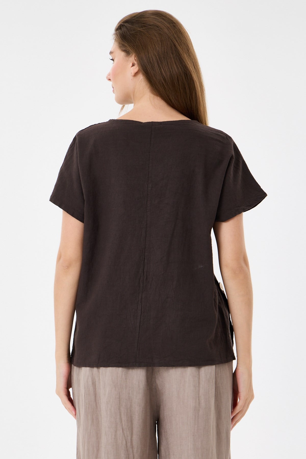 İtalyan %60 Keten Düğme Aksesuarlı Oversize Bluz 38 - 42 Beden