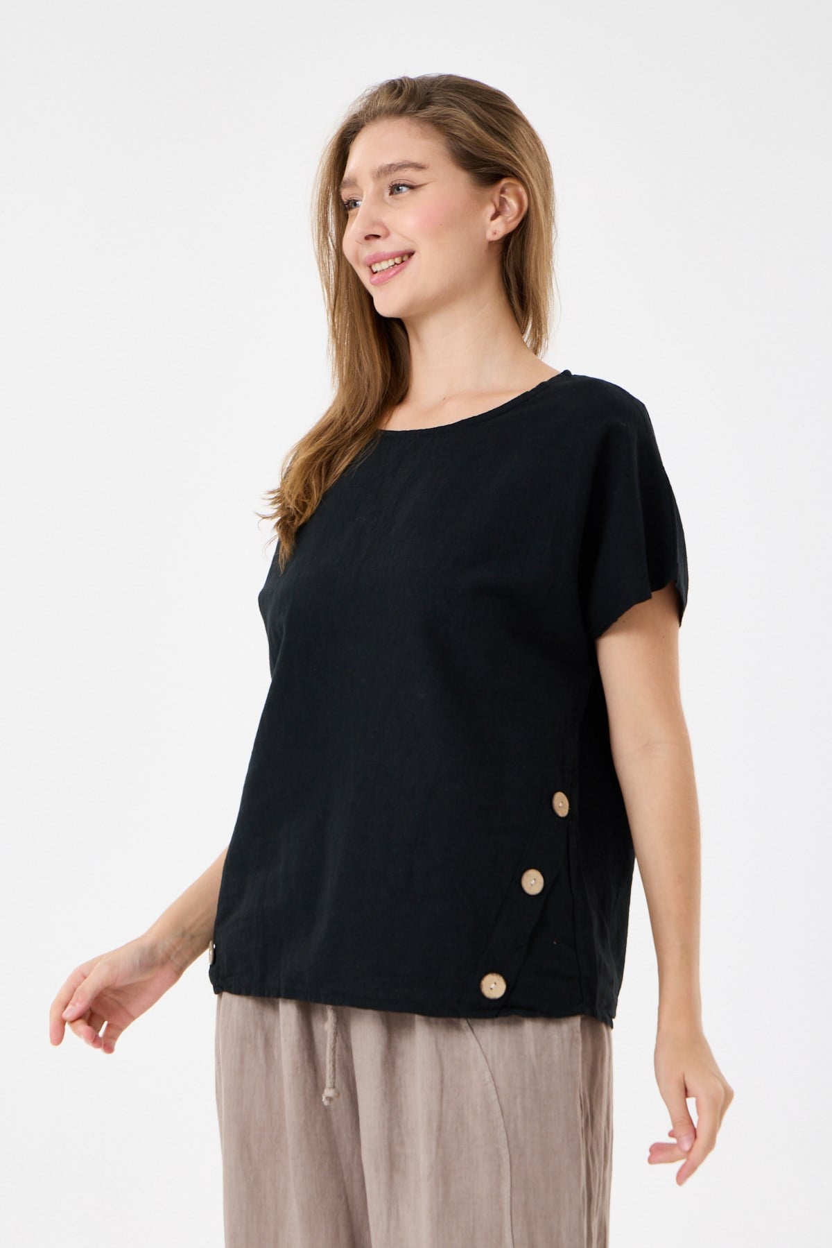 İtalyan %60 Keten Düğme Aksesuarlı Oversize Bluz 38 - 42 Beden