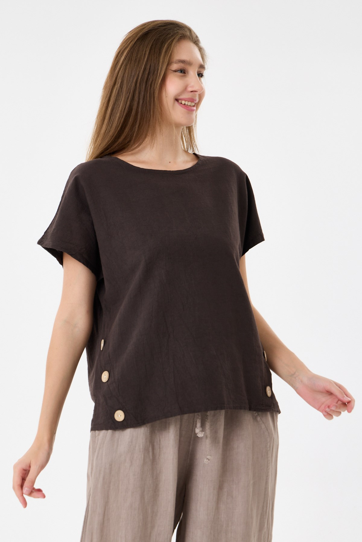 İtalyan %60 Keten Düğme Aksesuarlı Oversize Bluz 38 - 42 Beden