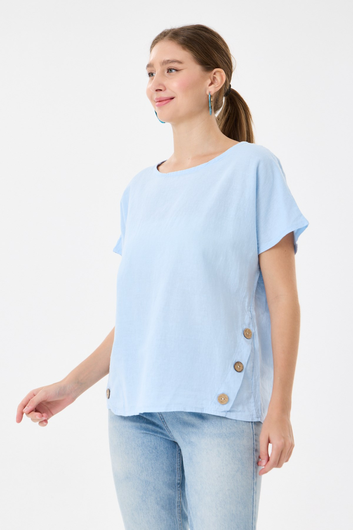 İtalyan %60 Keten Düğme Aksesuarlı Oversize Bluz 38 - 42 Beden