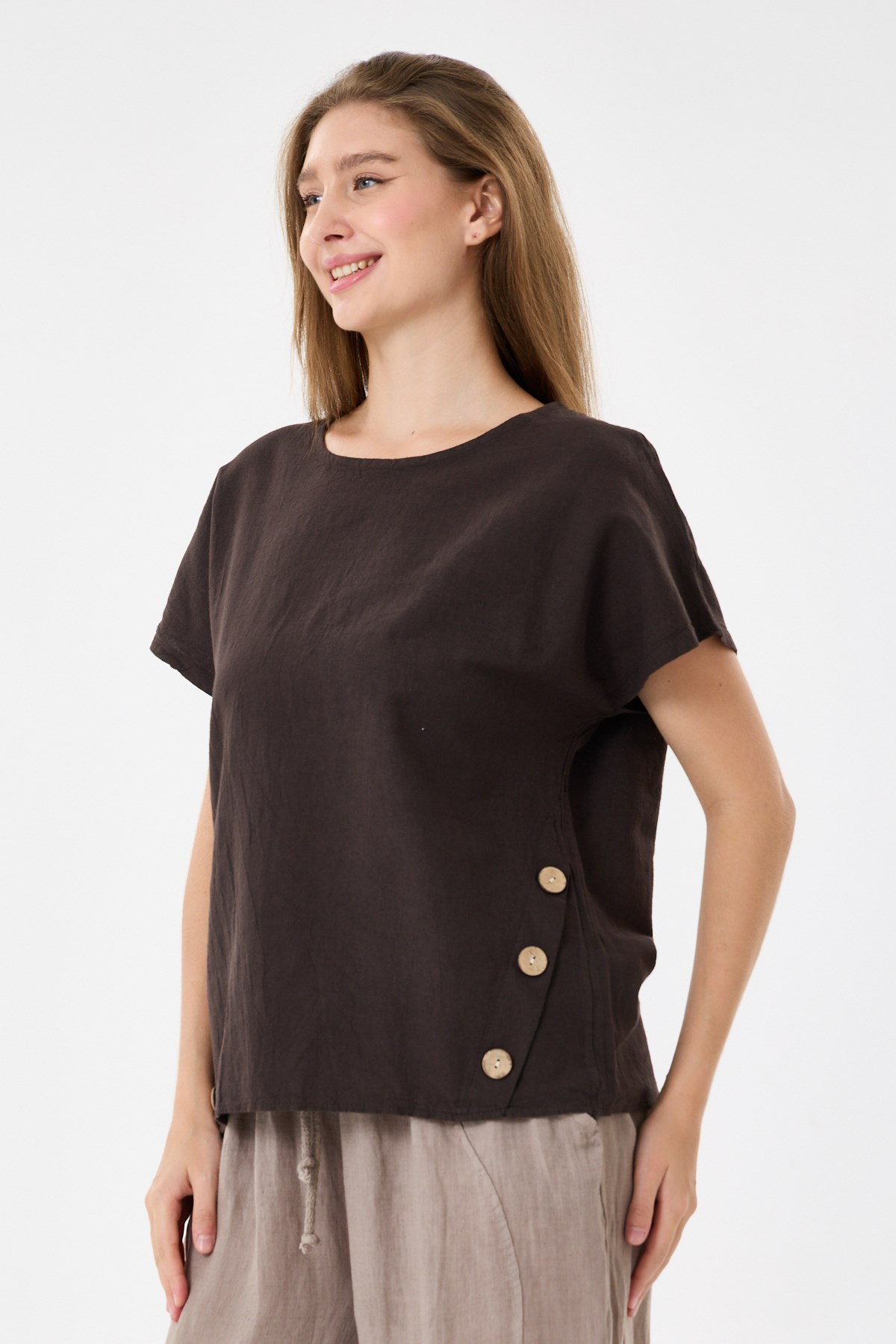 İtalyan %60 Keten Düğme Aksesuarlı Oversize Bluz 38 - 42 Beden