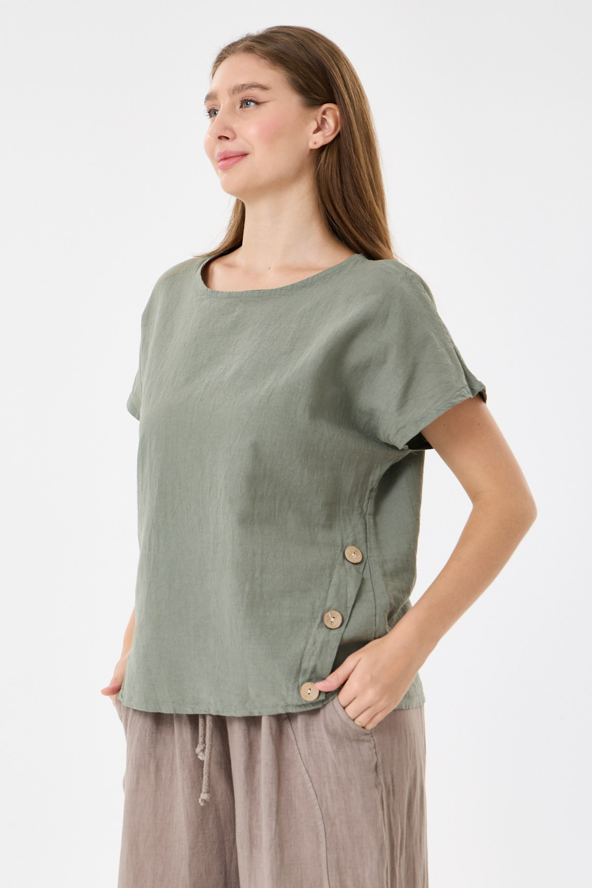 İtalyan %60 Keten Düğme Aksesuarlı Oversize Bluz 38 - 42 Beden