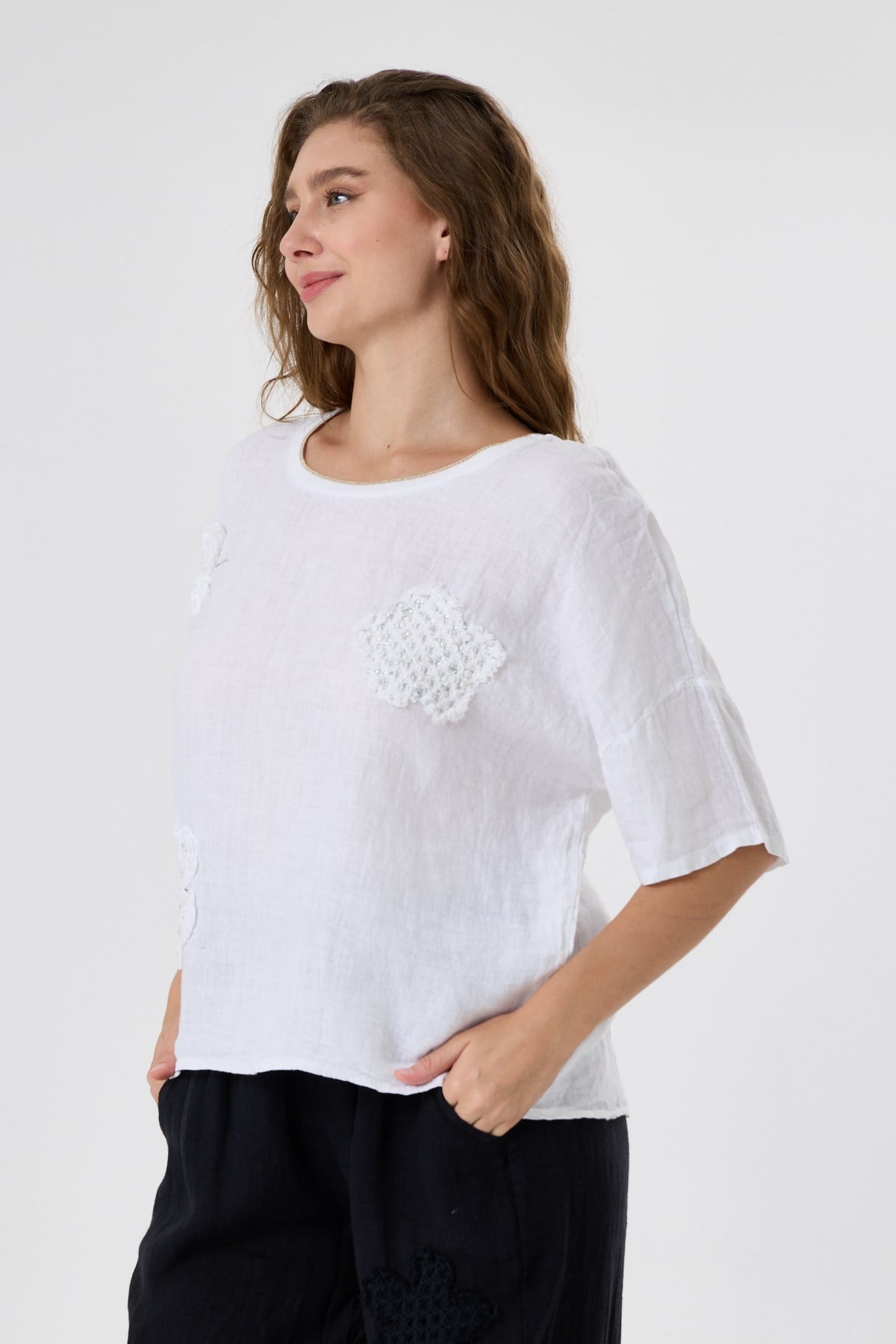 İtalyan %100 Keten Taşlı Oversize Keten Bluz 38 - 42 Beden
