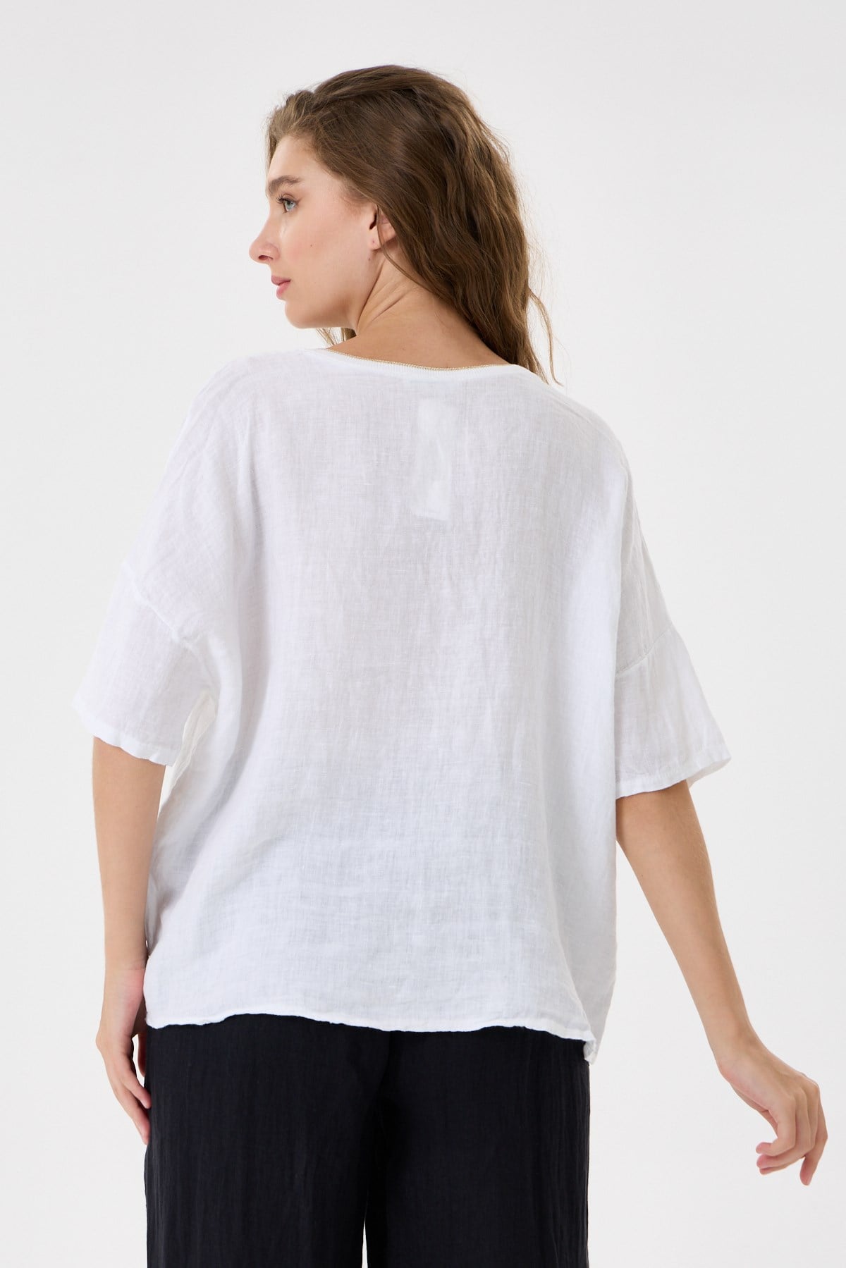 İtalyan %100 Keten Taşlı Oversize Keten Bluz 38 - 42 Beden