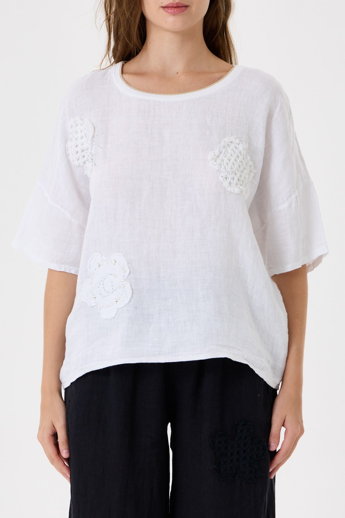 İtalyan %100 Keten Taşlı Oversize Keten Bluz 38 - 42 Beden