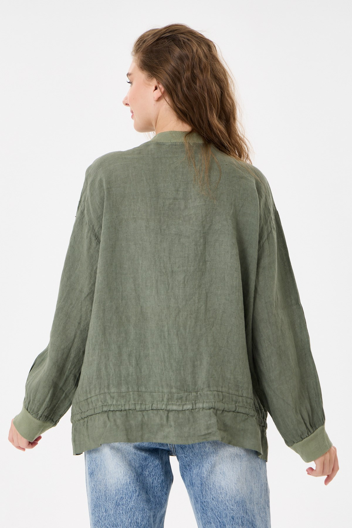 İtalyan %100 Keten Düşük Kol Fermuarlı Etek Ucu Bağlamalı Oversize Keten Bluz 40 - 44 Beden