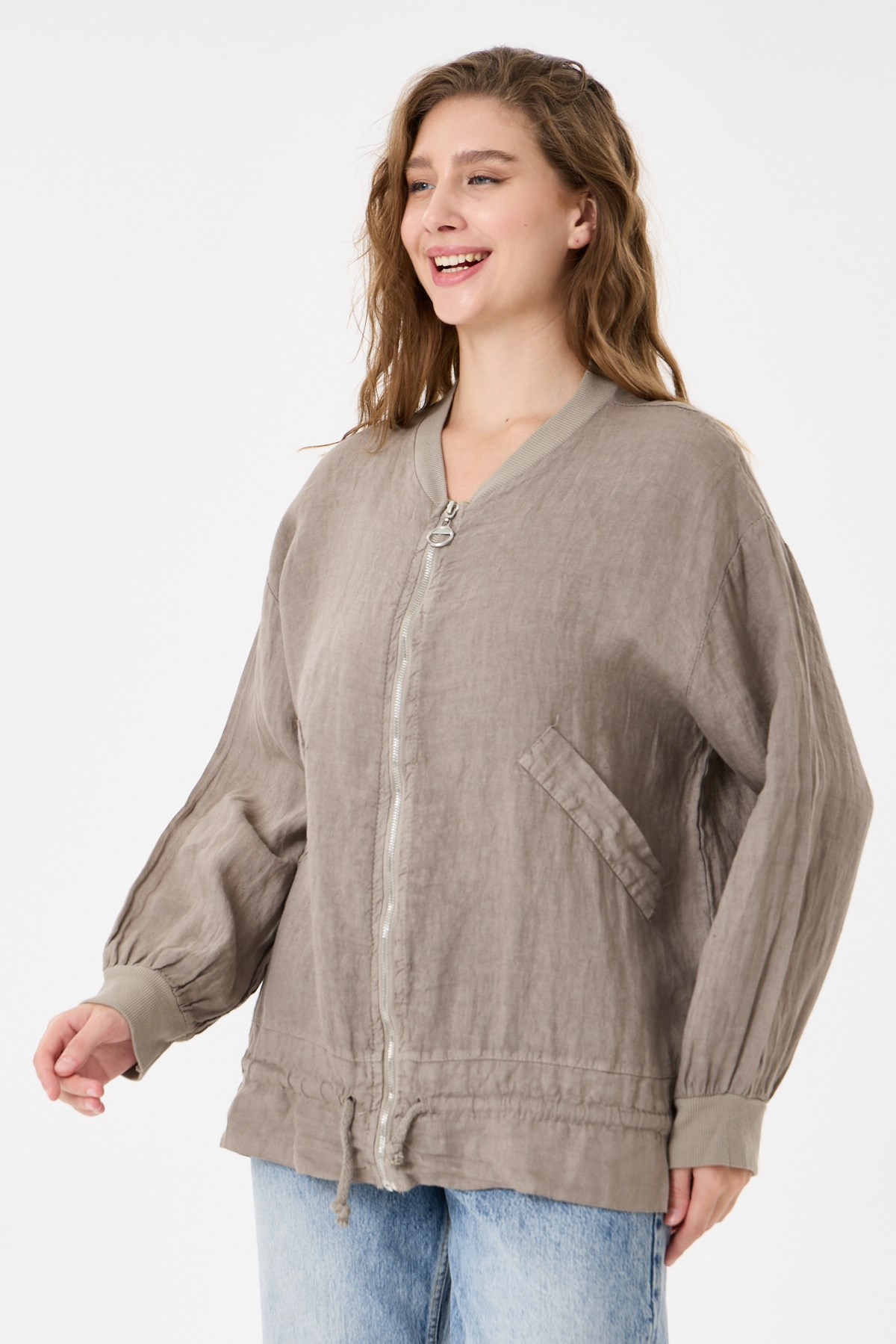 İtalyan %100 Keten Düşük Kol Fermuarlı Etek Ucu Bağlamalı Oversize Keten Bluz 40 - 44 Beden