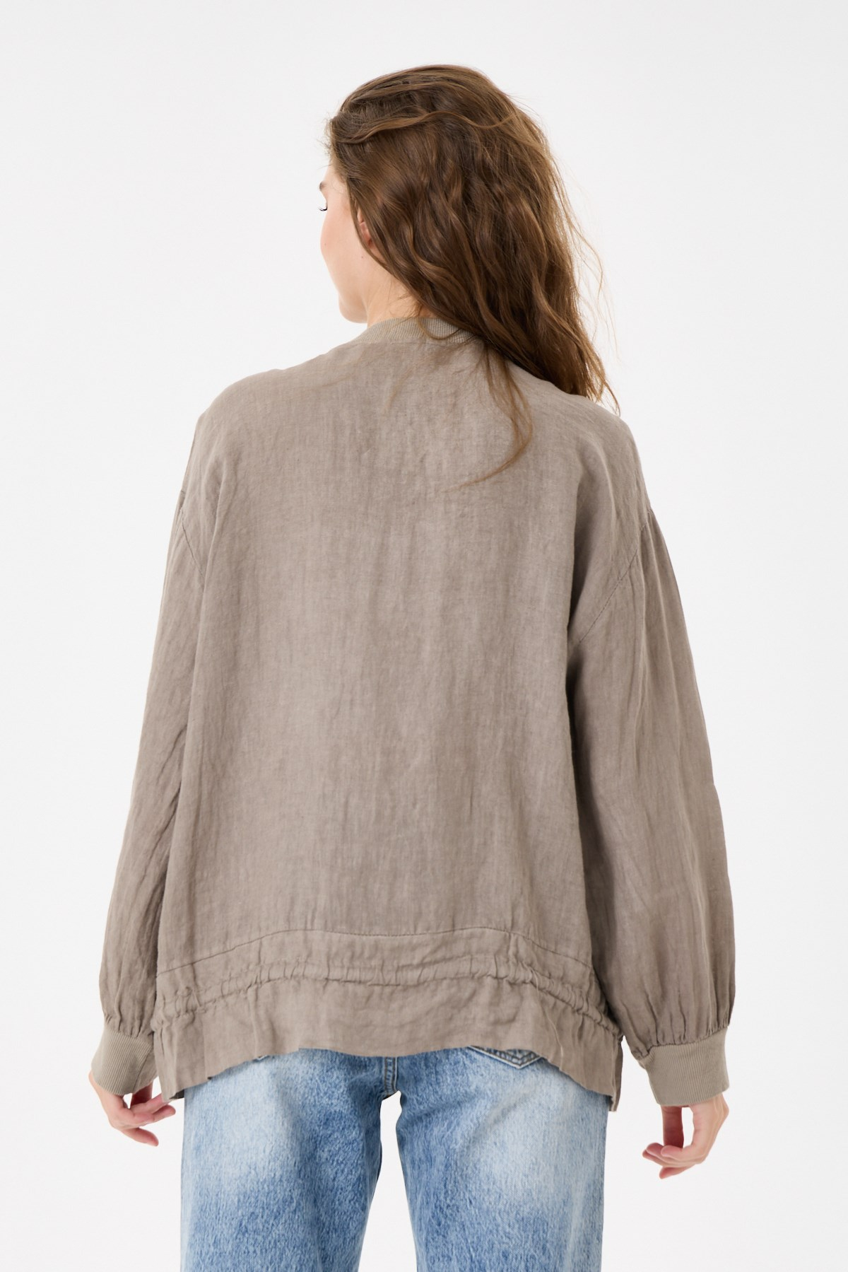 İtalyan %100 Keten Düşük Kol Fermuarlı Etek Ucu Bağlamalı Oversize Keten Bluz 40 - 44 Beden
