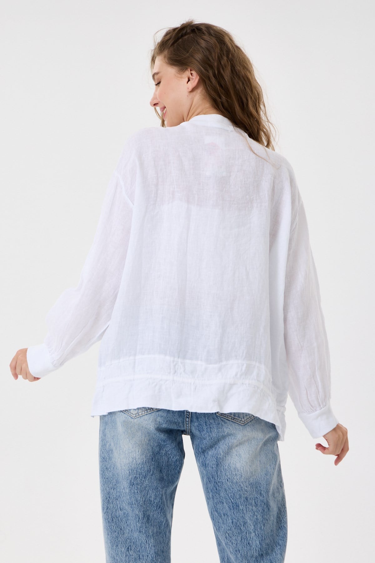 İtalyan %100 Keten Düşük Kol Fermuarlı Etek Ucu Bağlamalı Oversize Keten Bluz 40 - 44 Beden