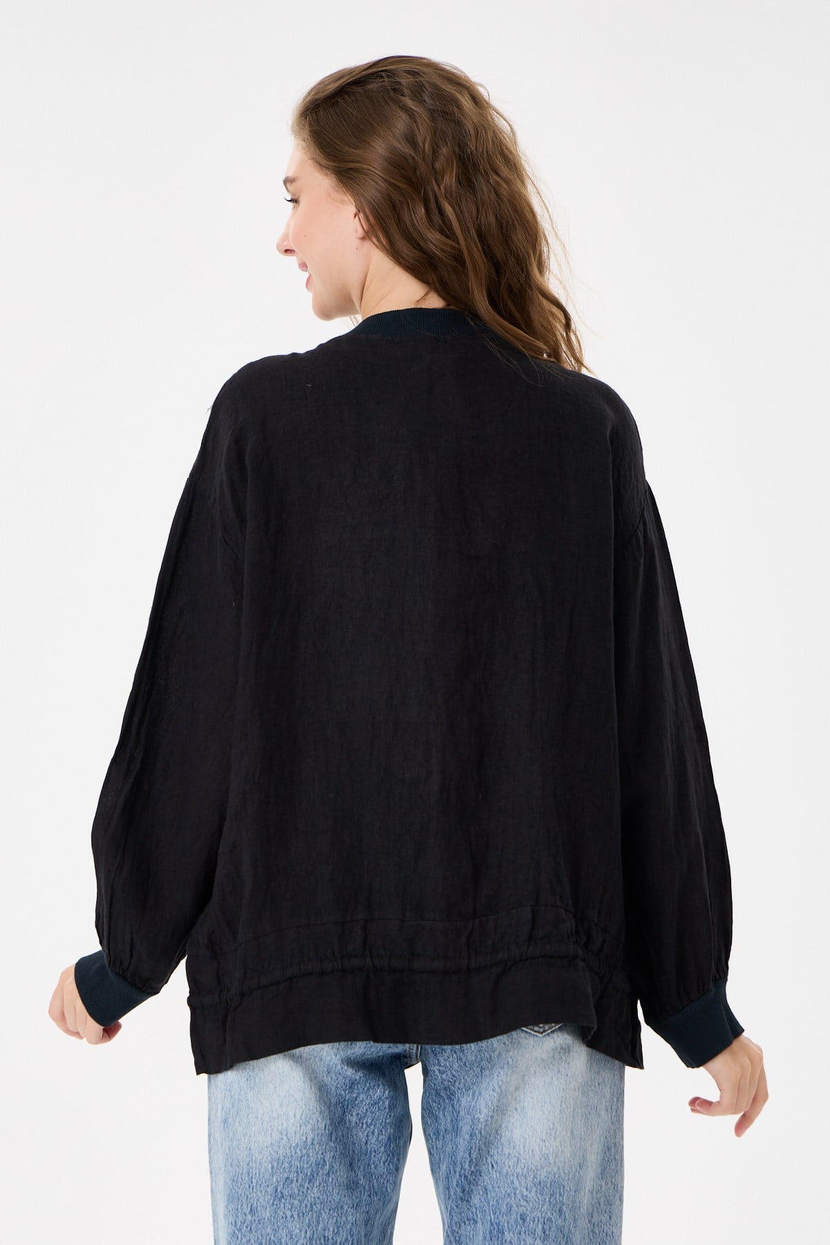 İtalyan %100 Keten Düşük Kol Fermuarlı Etek Ucu Bağlamalı Oversize Keten Bluz 40 - 44 Beden