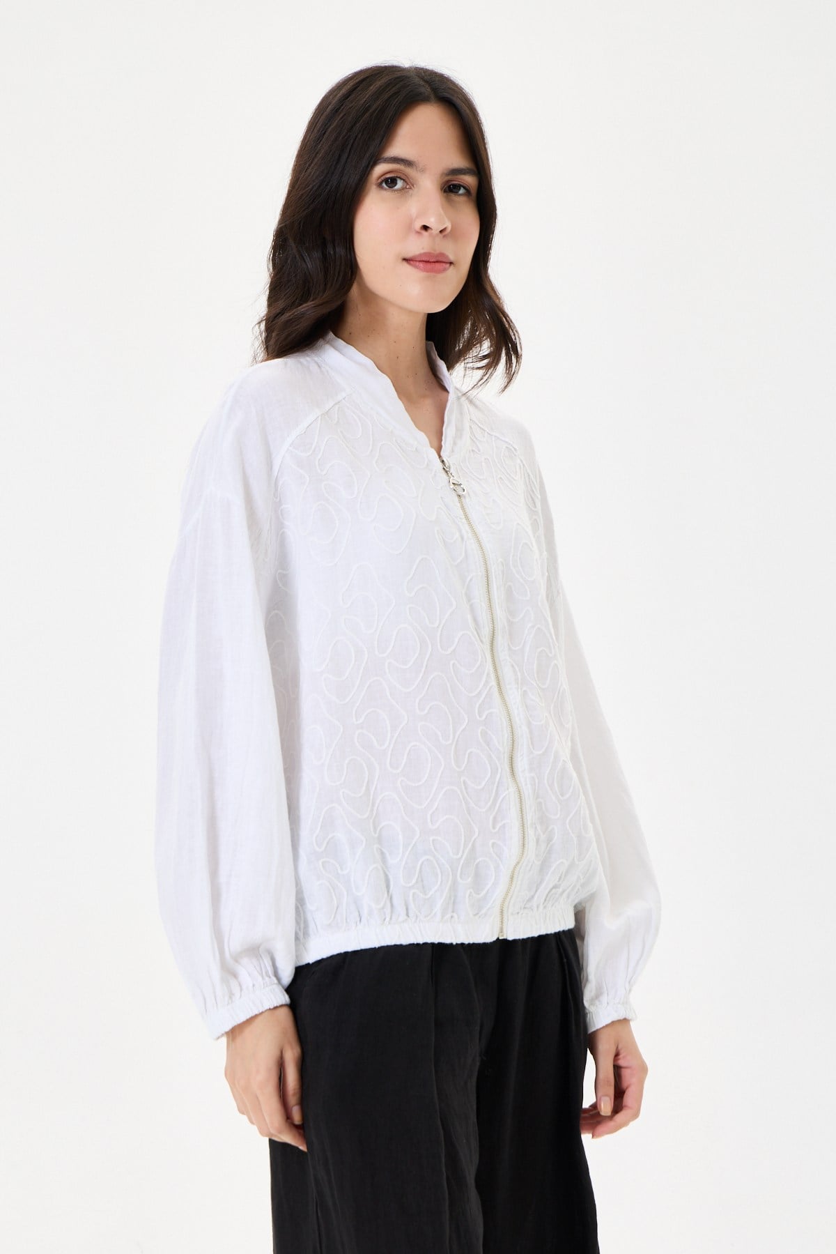 İtalyan %100 Keten Nakışlı Fermuarlı Düşük Kol Oversize Keten Bluz 38 - 44 Beden