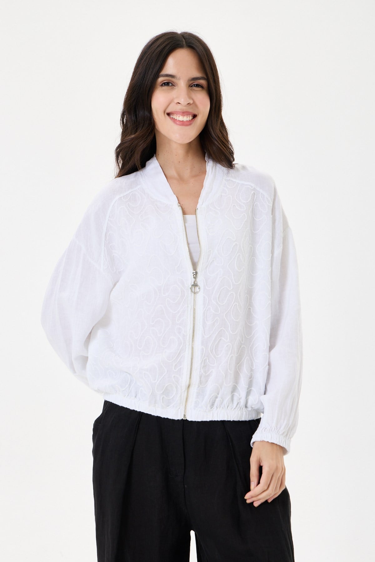 İtalyan %100 Keten Nakışlı Fermuarlı Düşük Kol Oversize Keten Bluz 38 - 44 Beden