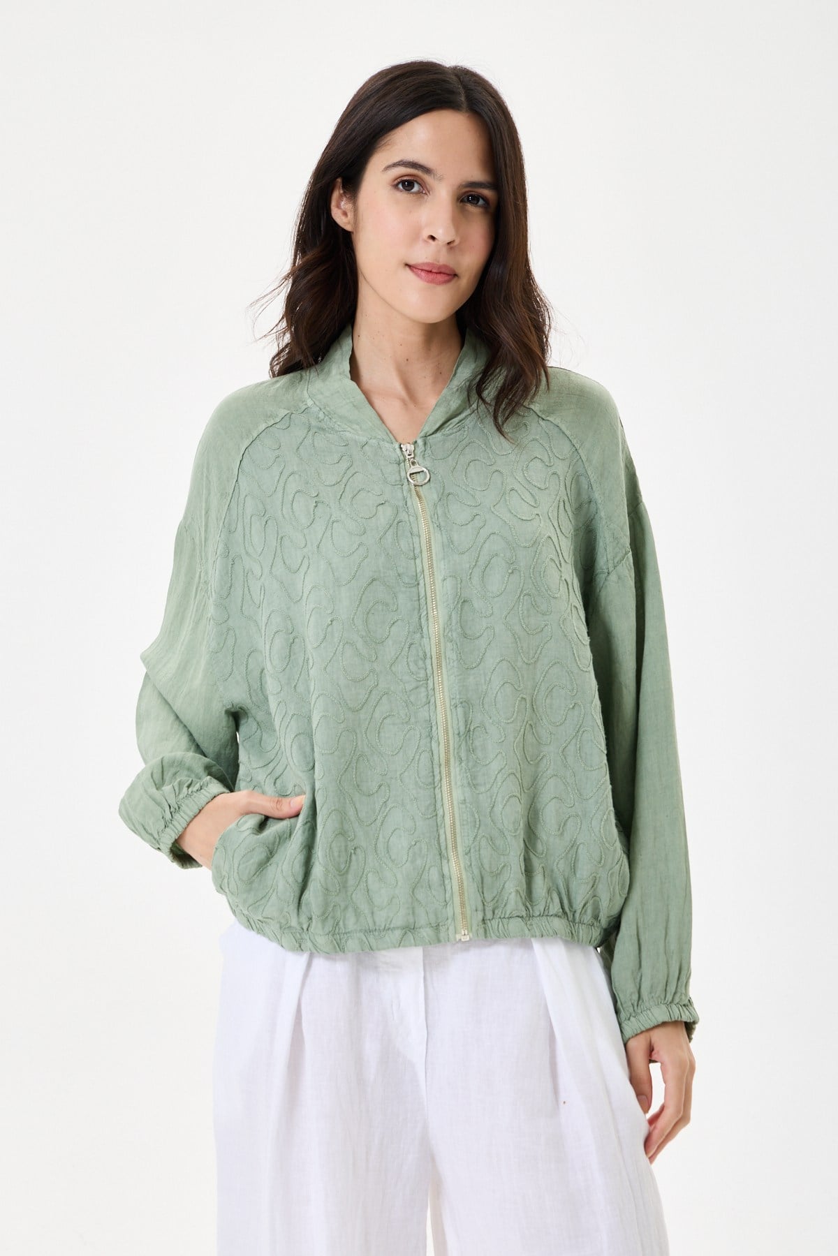 İtalyan %100 Keten Nakışlı Fermuarlı Düşük Kol Oversize Keten Bluz 38 - 44 Beden