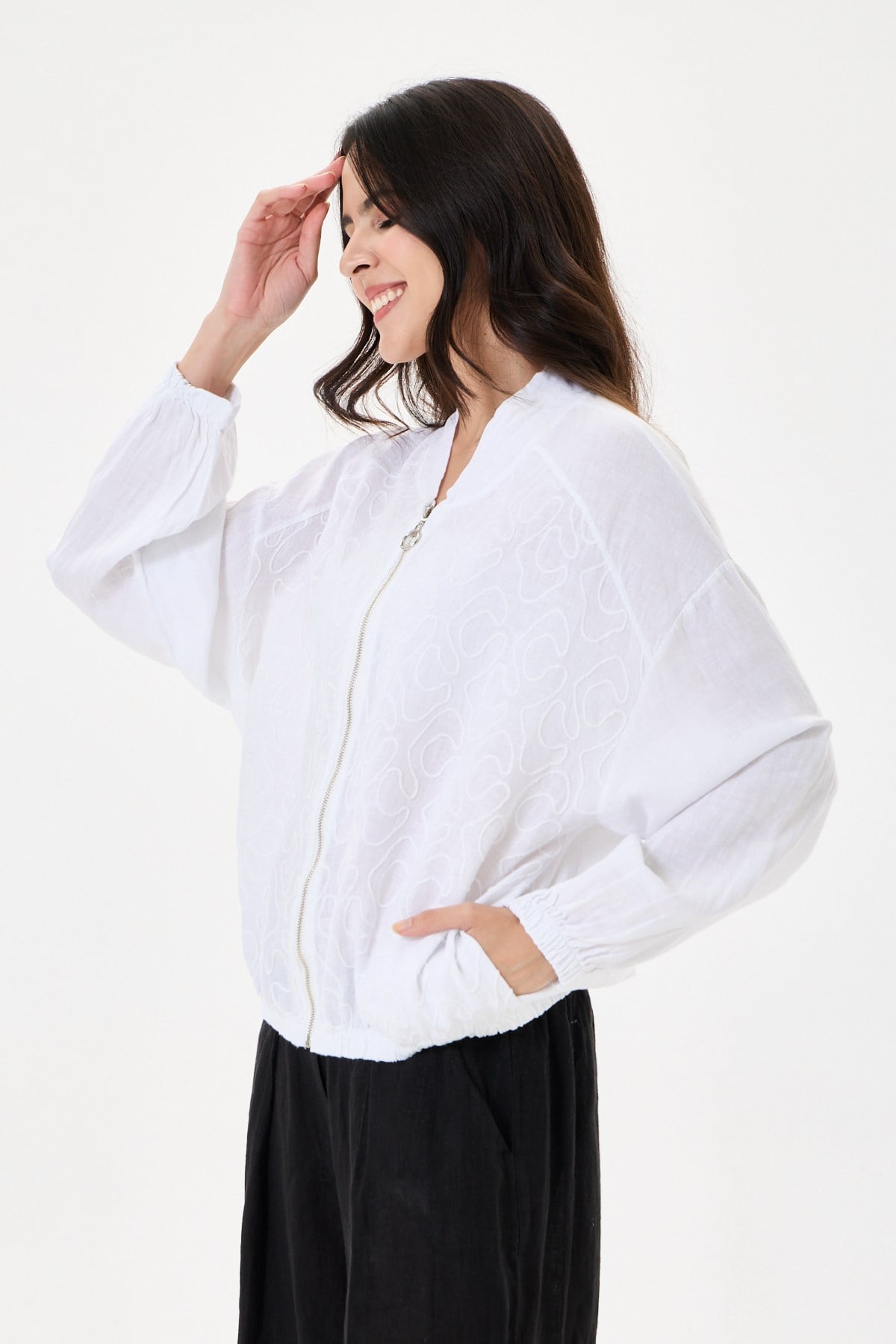 İtalyan %100 Keten Nakışlı Fermuarlı Düşük Kol Oversize Keten Bluz 38 - 44 Beden