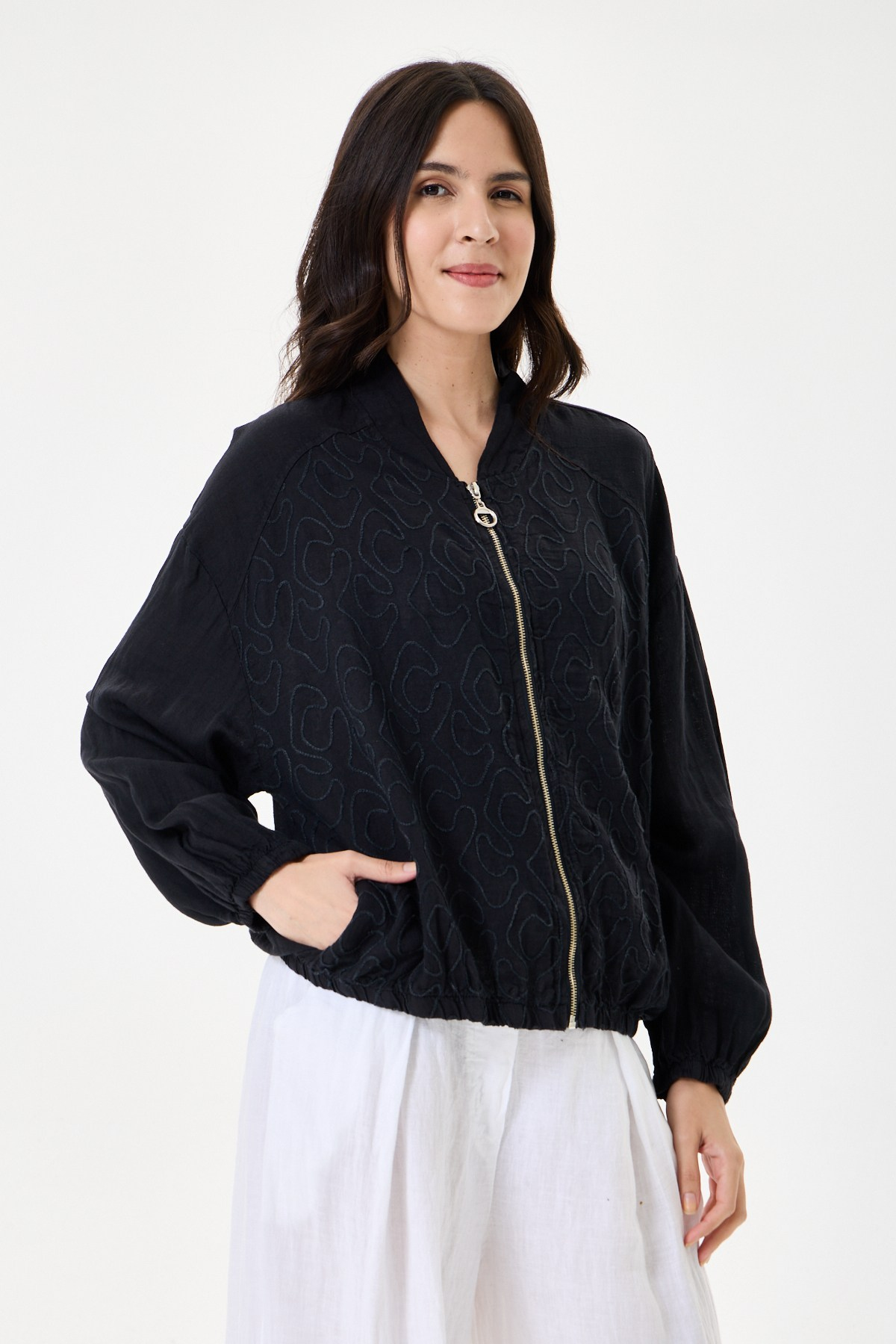 İtalyan %100 Keten Nakışlı Fermuarlı Düşük Kol Oversize Keten Bluz 38 - 44 Beden