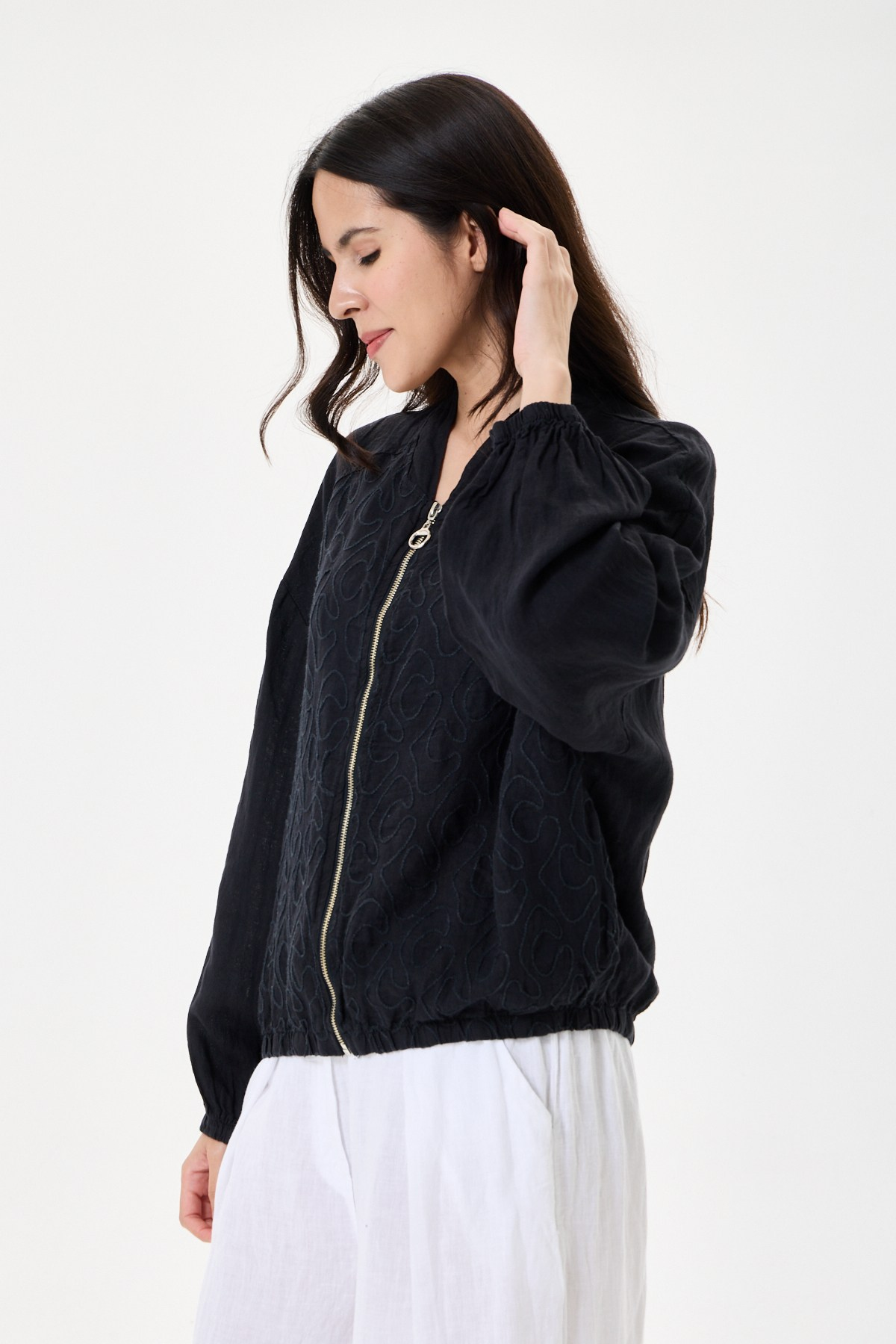 İtalyan %100 Keten Nakışlı Fermuarlı Düşük Kol Oversize Keten Bluz 38 - 44 Beden