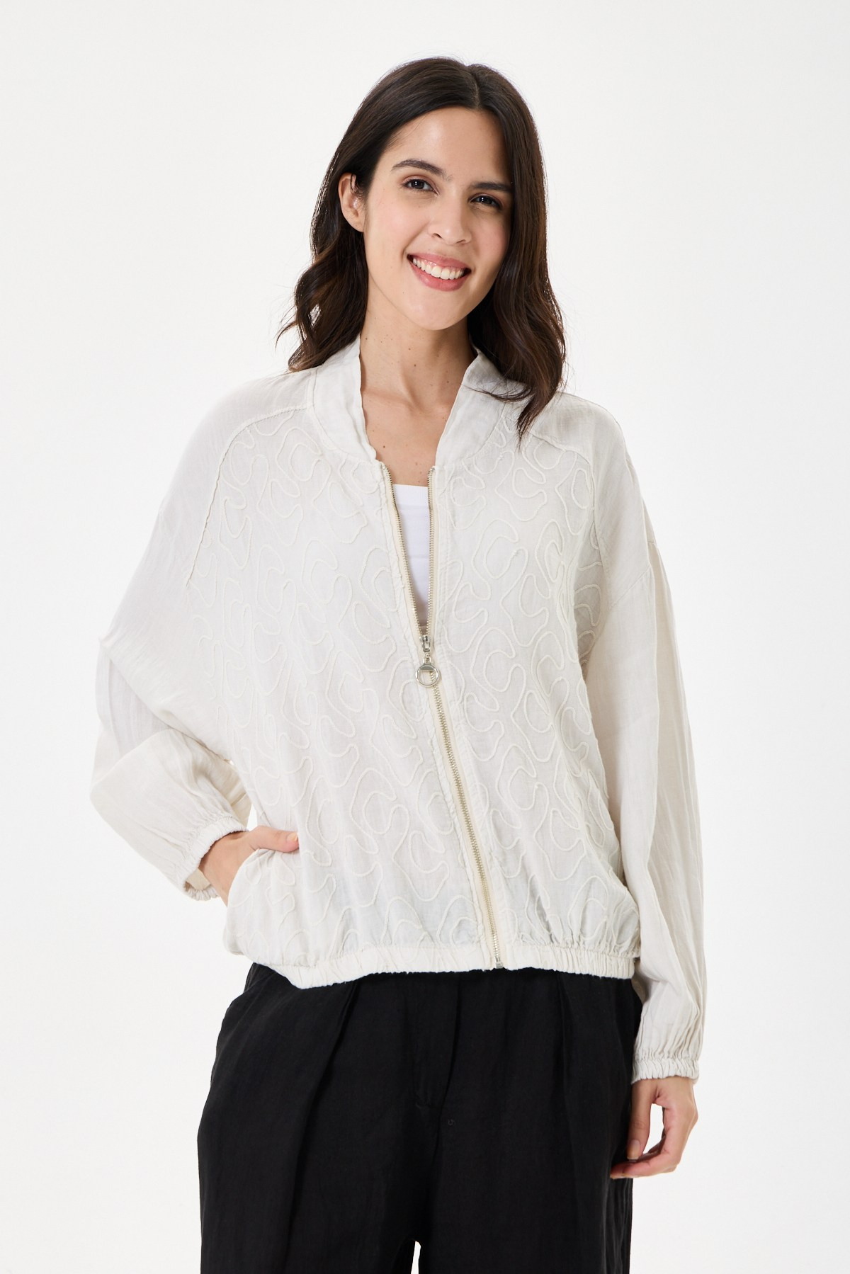 İtalyan %100 Keten Nakışlı Fermuarlı Düşük Kol Oversize Keten Bluz 38 - 44 Beden