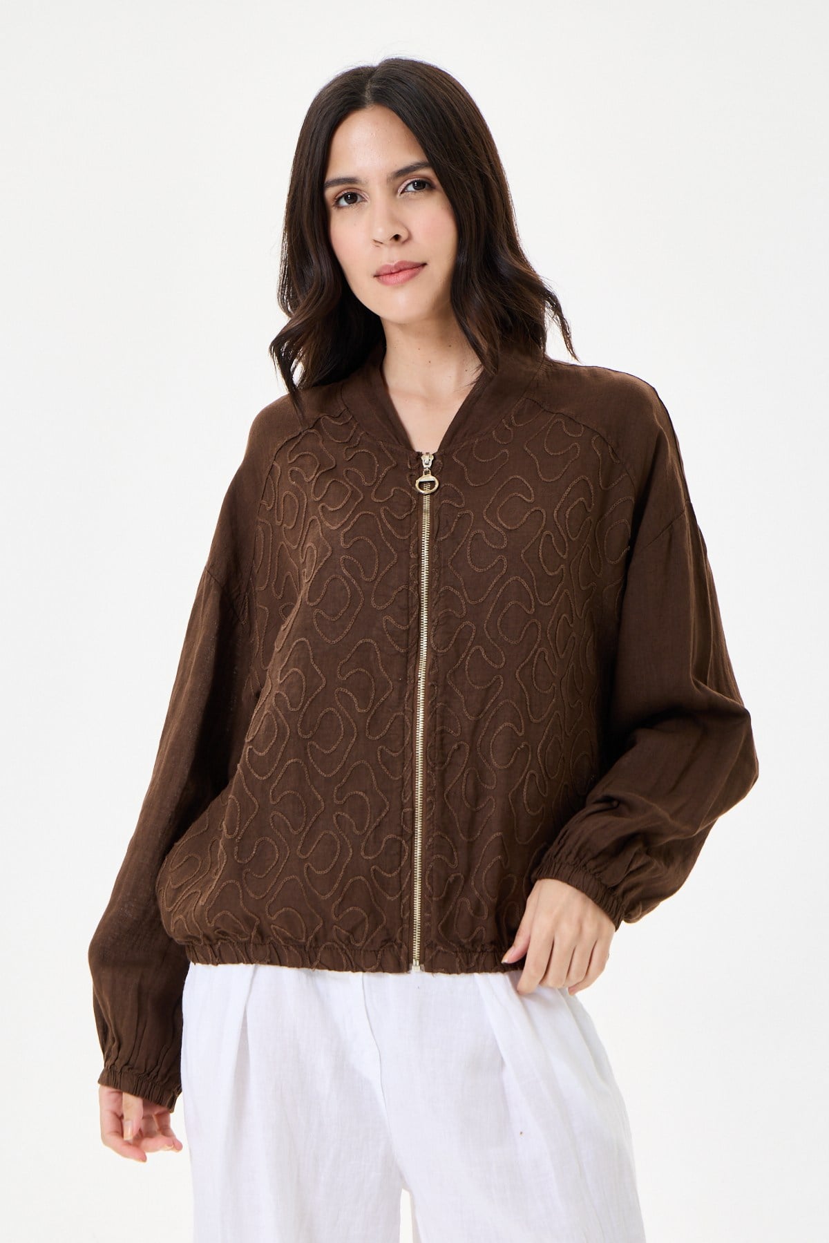 İtalyan %100 Keten Nakışlı Fermuarlı Düşük Kol Oversize Keten Bluz 38 - 44 Beden