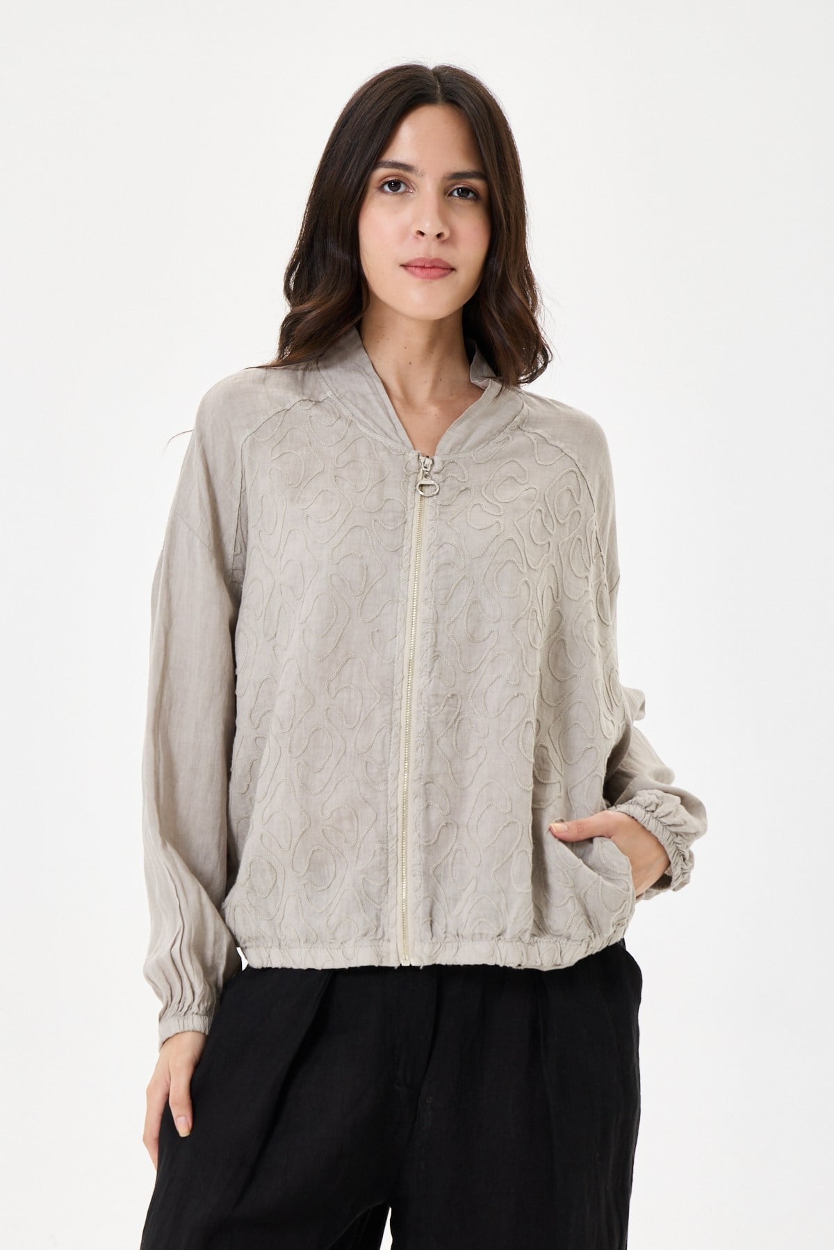 İtalyan %100 Keten Nakışlı Fermuarlı Düşük Kol Oversize Keten Bluz 38 - 44 Beden