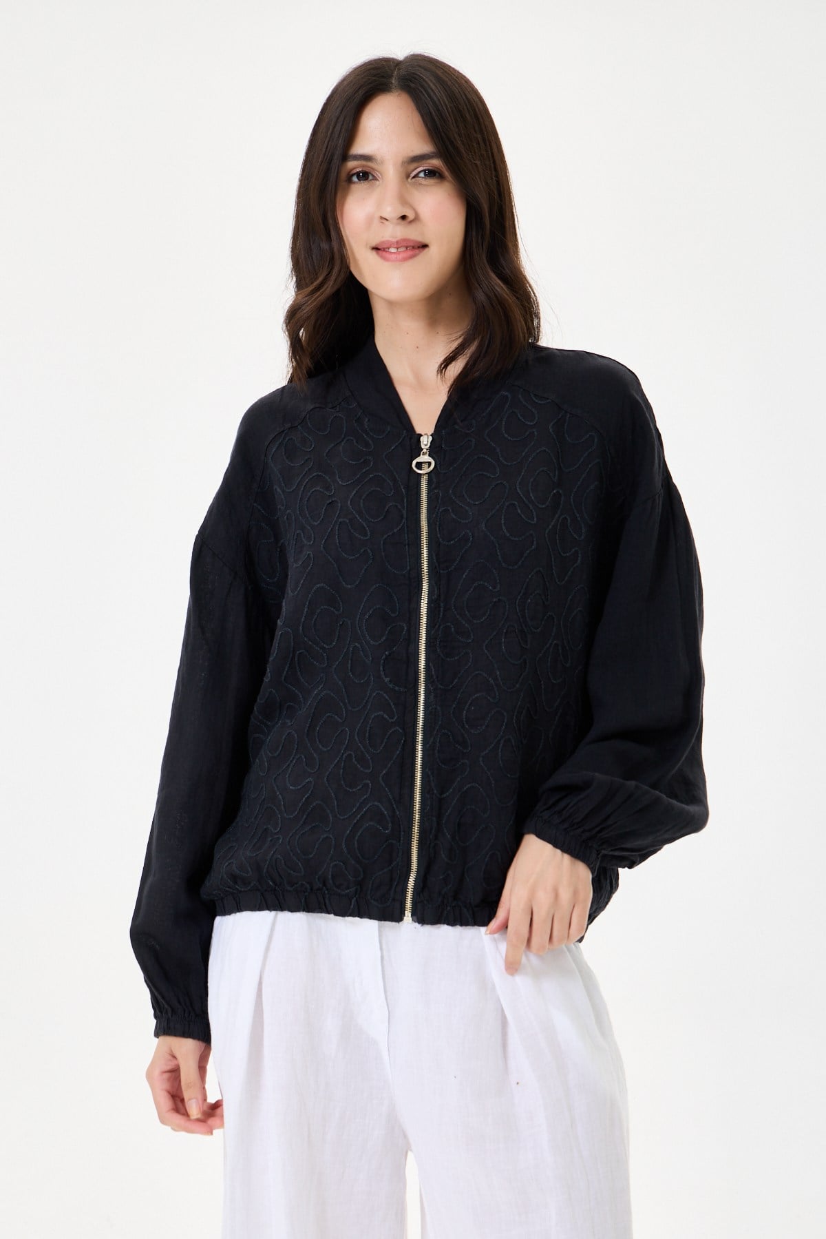 İtalyan %100 Keten Nakışlı Fermuarlı Düşük Kol Oversize Keten Bluz 38 - 44 Beden