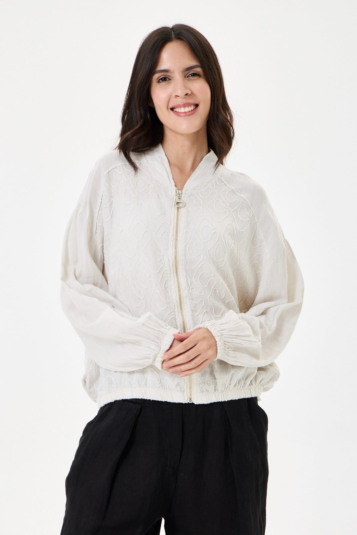 İtalyan %100 Keten Nakışlı Fermuarlı Düşük Kol Oversize Keten Bluz 38 - 44 Beden