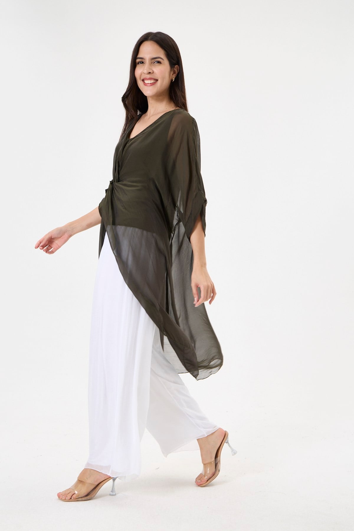 Dark Khaki İtalyan Özel Tasarım Önü Yırtmaçlı Yarasa Kol Astarlı İpek Tunik Bluz 38 - 44 Beden