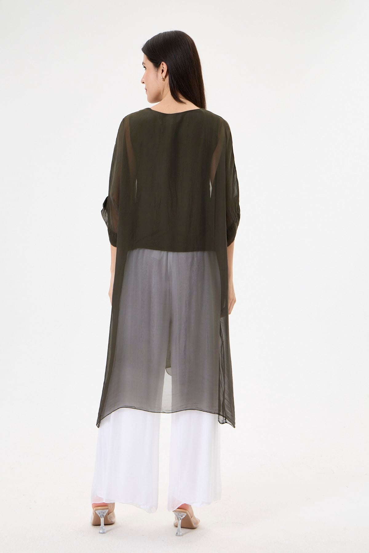 Dark Khaki İtalyan Özel Tasarım Önü Yırtmaçlı Yarasa Kol Astarlı İpek Tunik Bluz 38 - 44 Beden