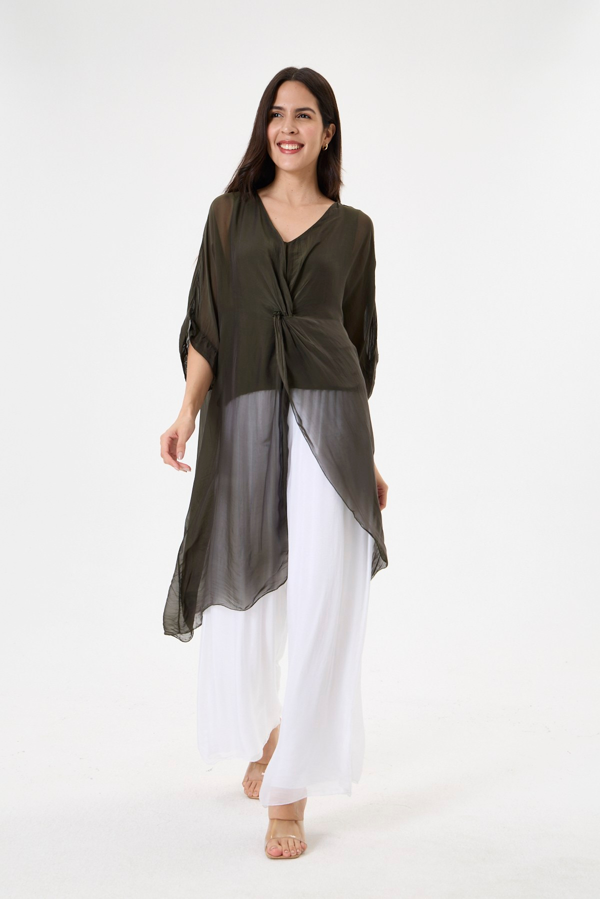 Dark Khaki İtalyan Özel Tasarım Önü Yırtmaçlı Yarasa Kol Astarlı İpek Tunik Bluz 38 - 44 Beden