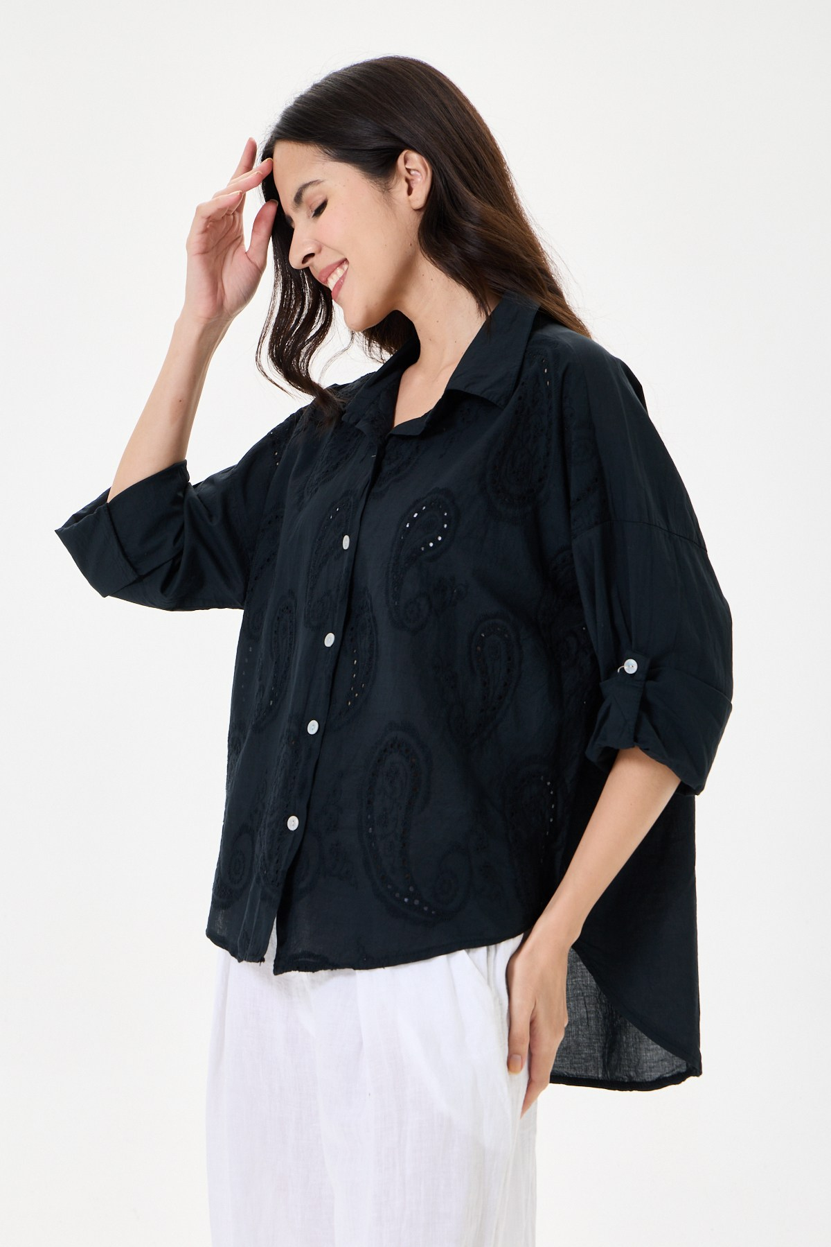 Kadın İtalyan Şal Desen Fistolu Katlanır Uzun Kollu Oversize Gömlek 40 - 46 Beden